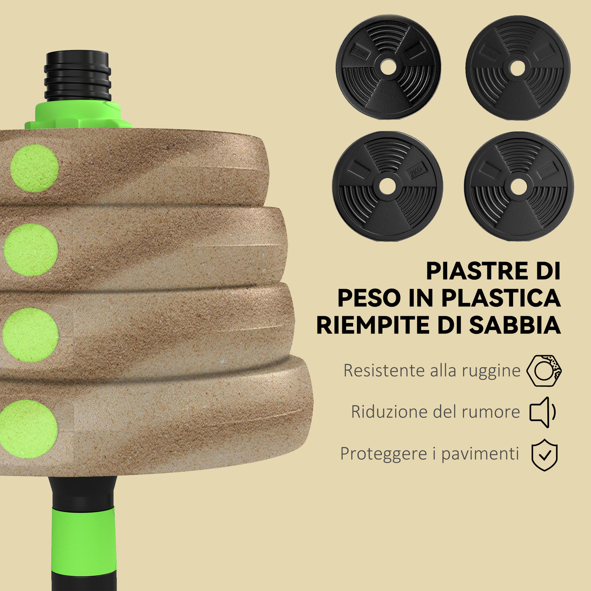 SPORTNOW Set Bilanciere con Pesi 3 in 1 da 16 Dischi in Plastica e Sabbia Verde 7/7