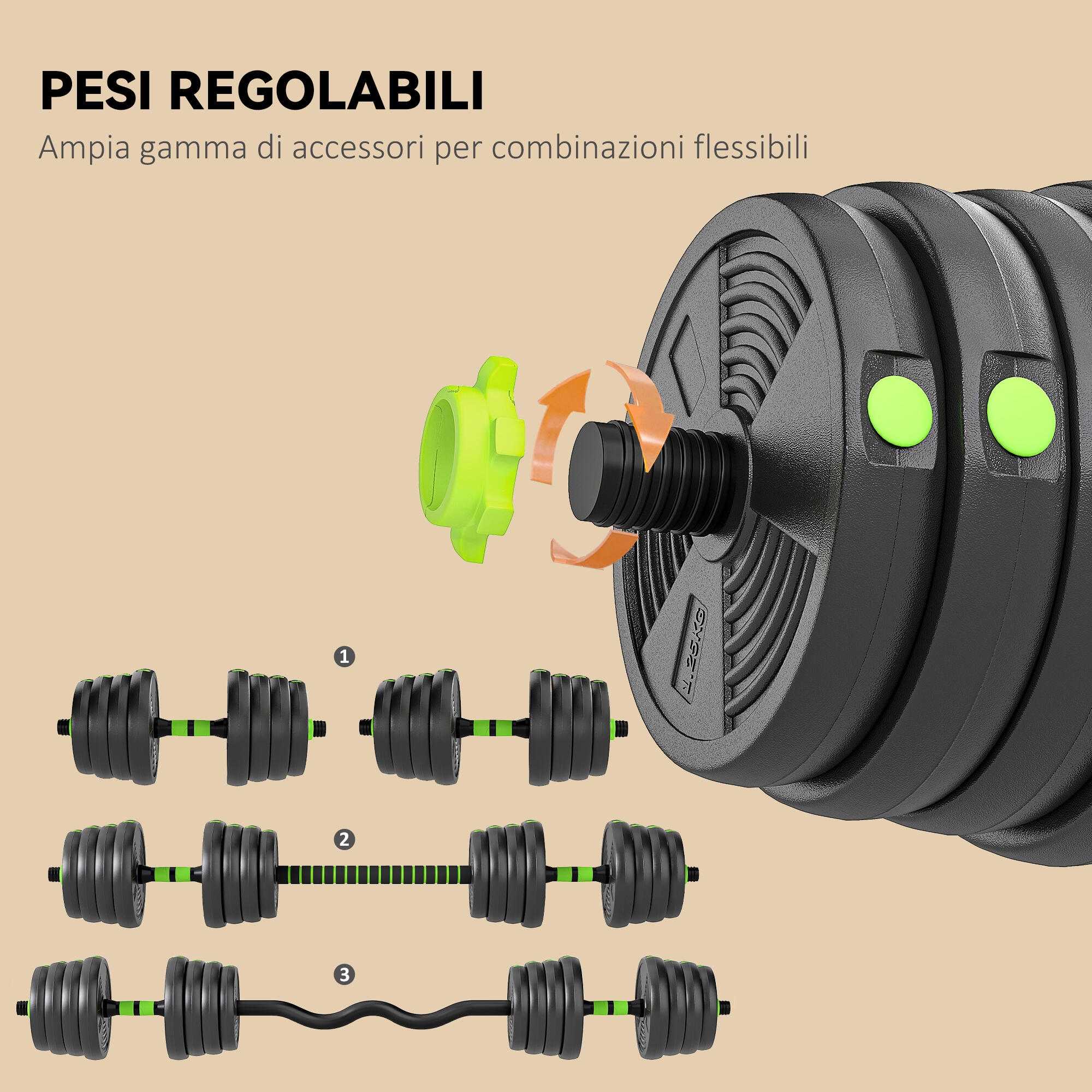SPORTNOW Set Bilanciere con Pesi 3 in 1 da 16 Dischi in Plastica e Sabbia Verde 5/7
