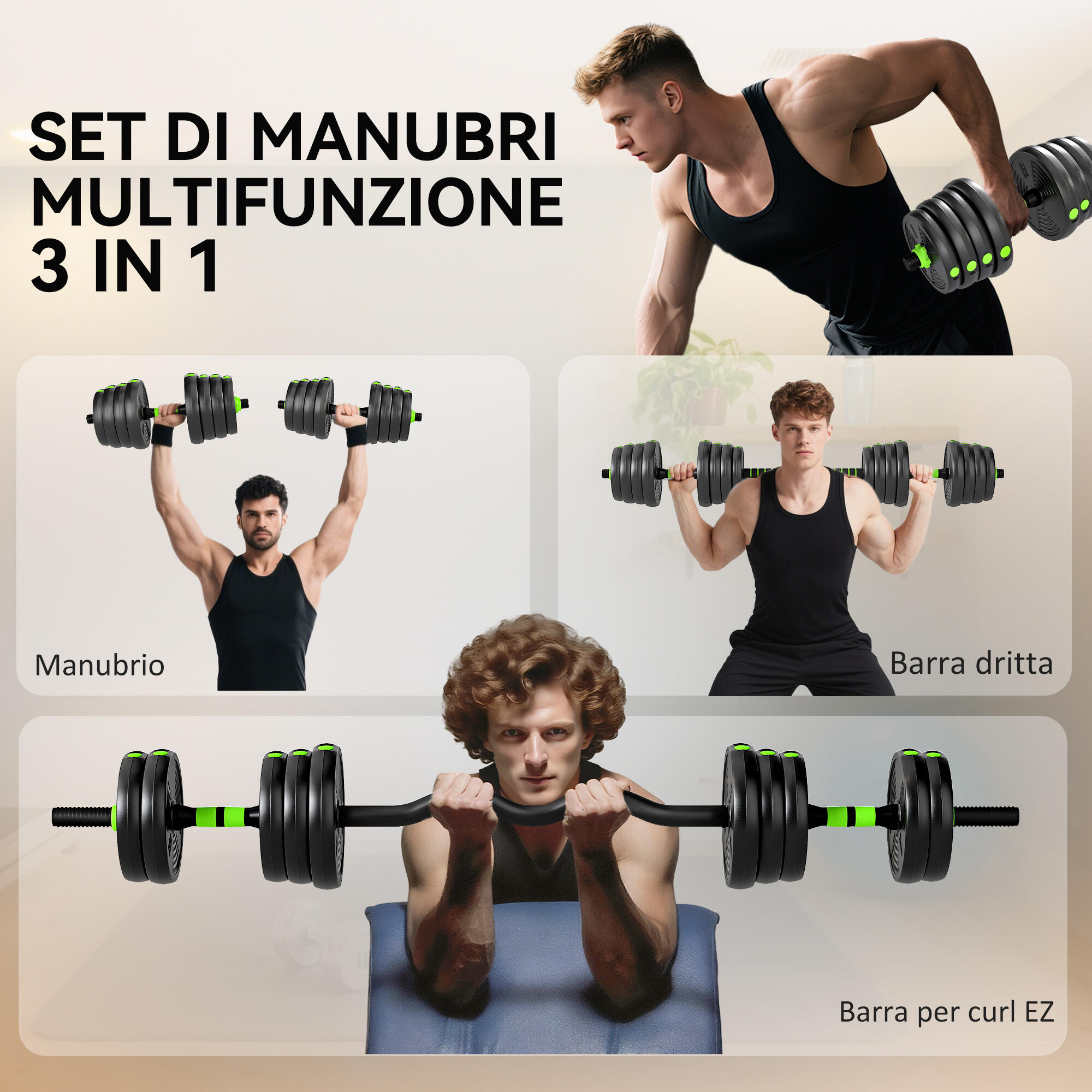 SPORTNOW Set Bilanciere con Pesi 3 in 1 da 16 Dischi in Plastica e Sabbia Verde 4/7