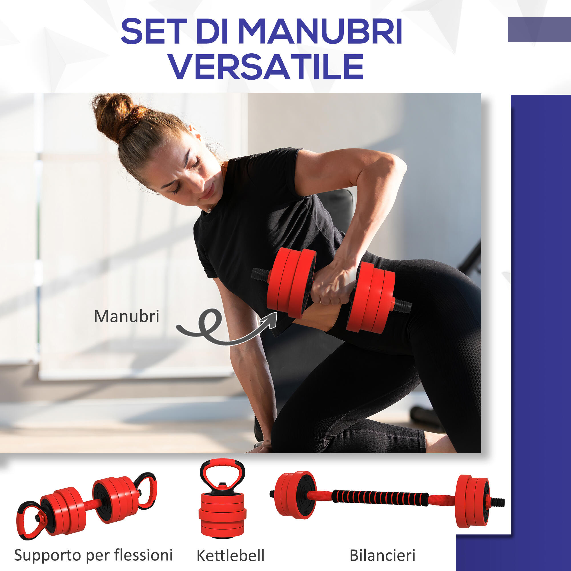 SPORTNOW Set Pesi Palestra 4 in 1 da 20kg Kettlebell, Manubri, Bilanciere Rosso 4/7