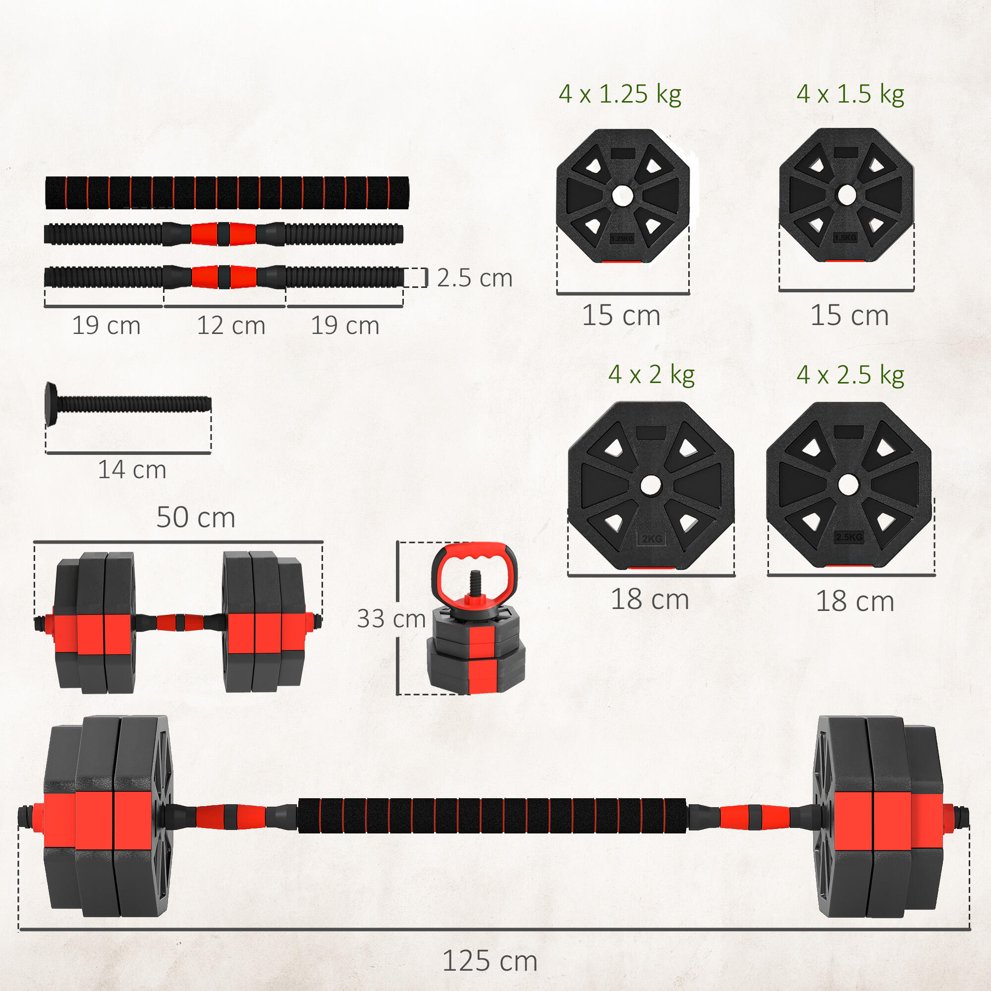 SPORTNOW Set Pesi Palestra 6 in 1 30kg con Kettlebell, Manubri, Bilanciere Rosso 3/7