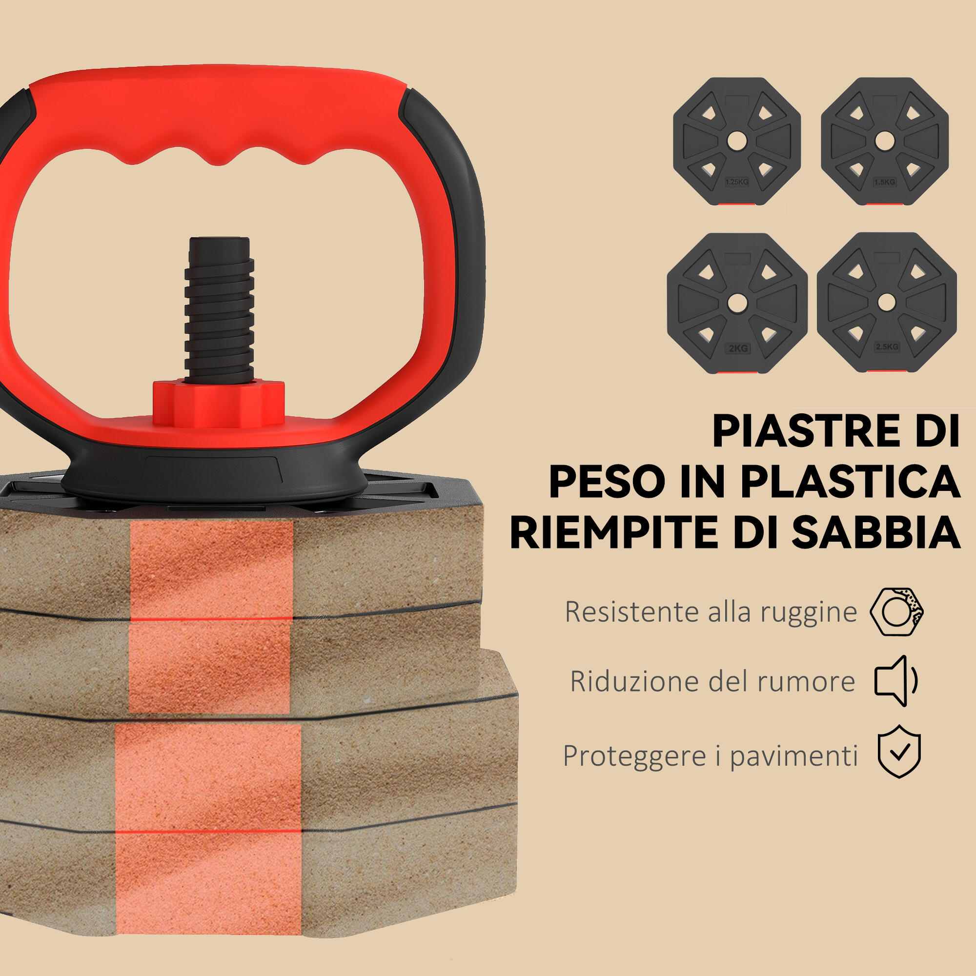 SPORTNOW Set Pesi Palestra 6 in 1 30kg con Kettlebell, Manubri, Bilanciere Rosso 7/7