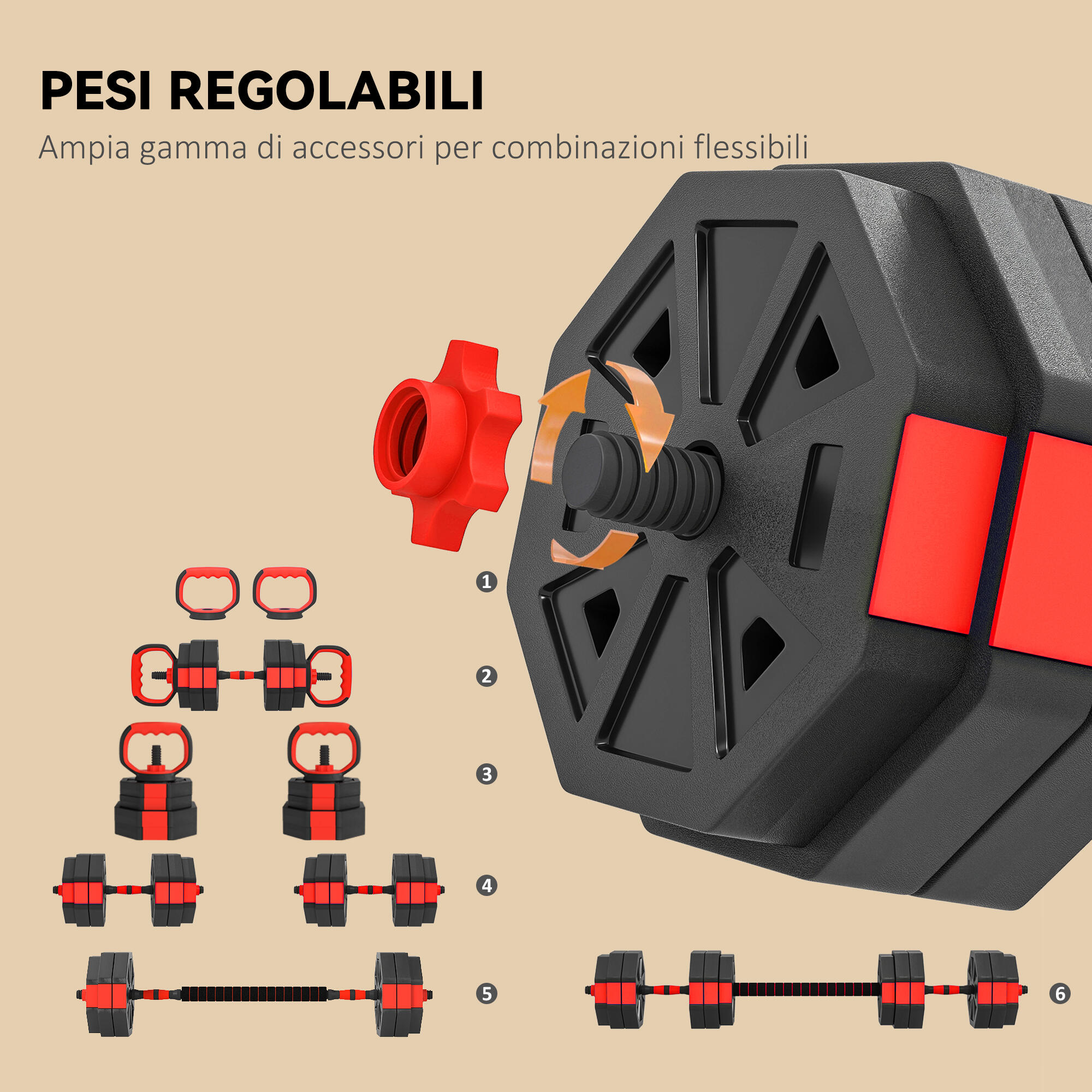 SPORTNOW Set Pesi Palestra 6 in 1 30kg con Kettlebell, Manubri, Bilanciere Rosso 5/7