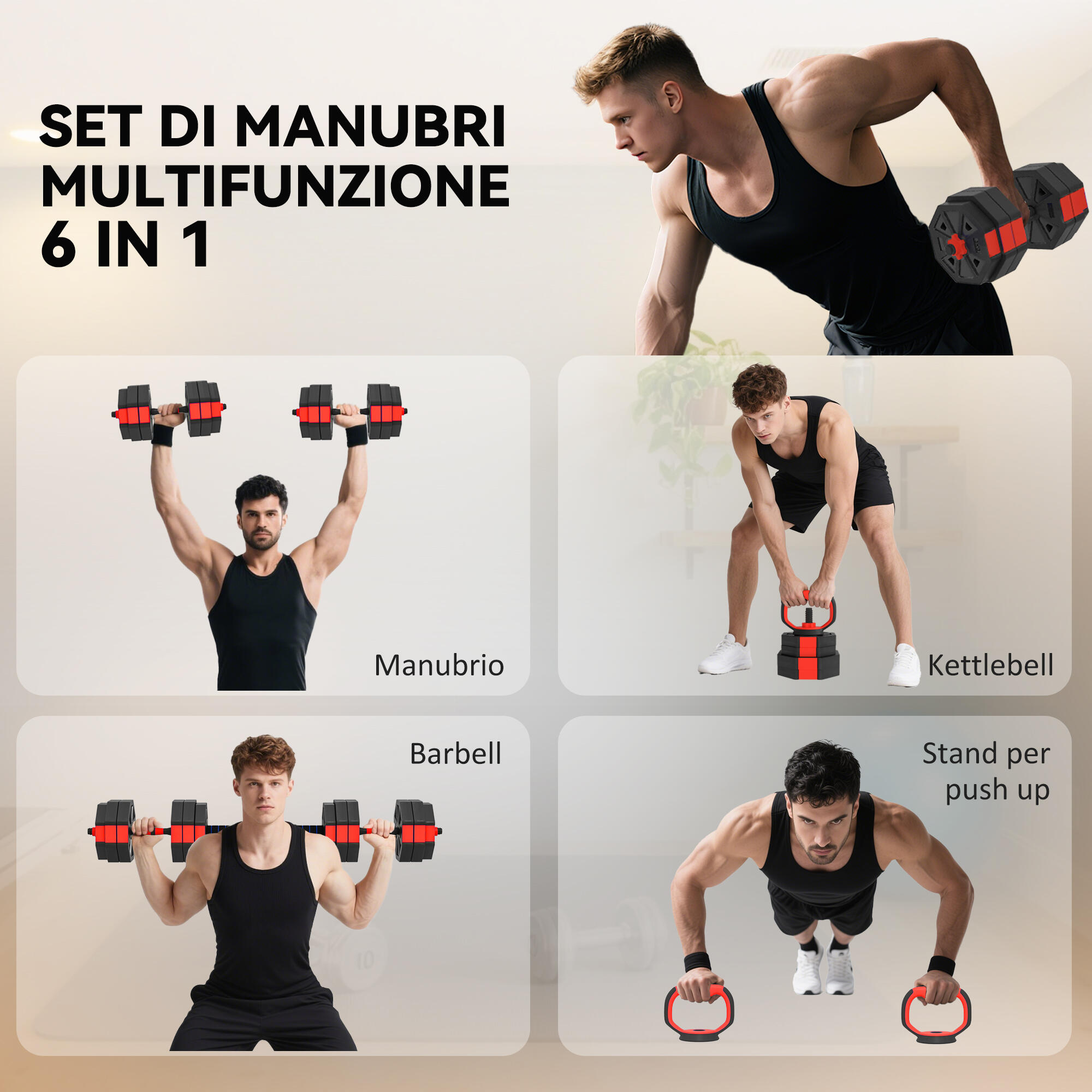 SPORTNOW Set Pesi Palestra 6 in 1 30kg con Kettlebell, Manubri, Bilanciere Rosso 4/7