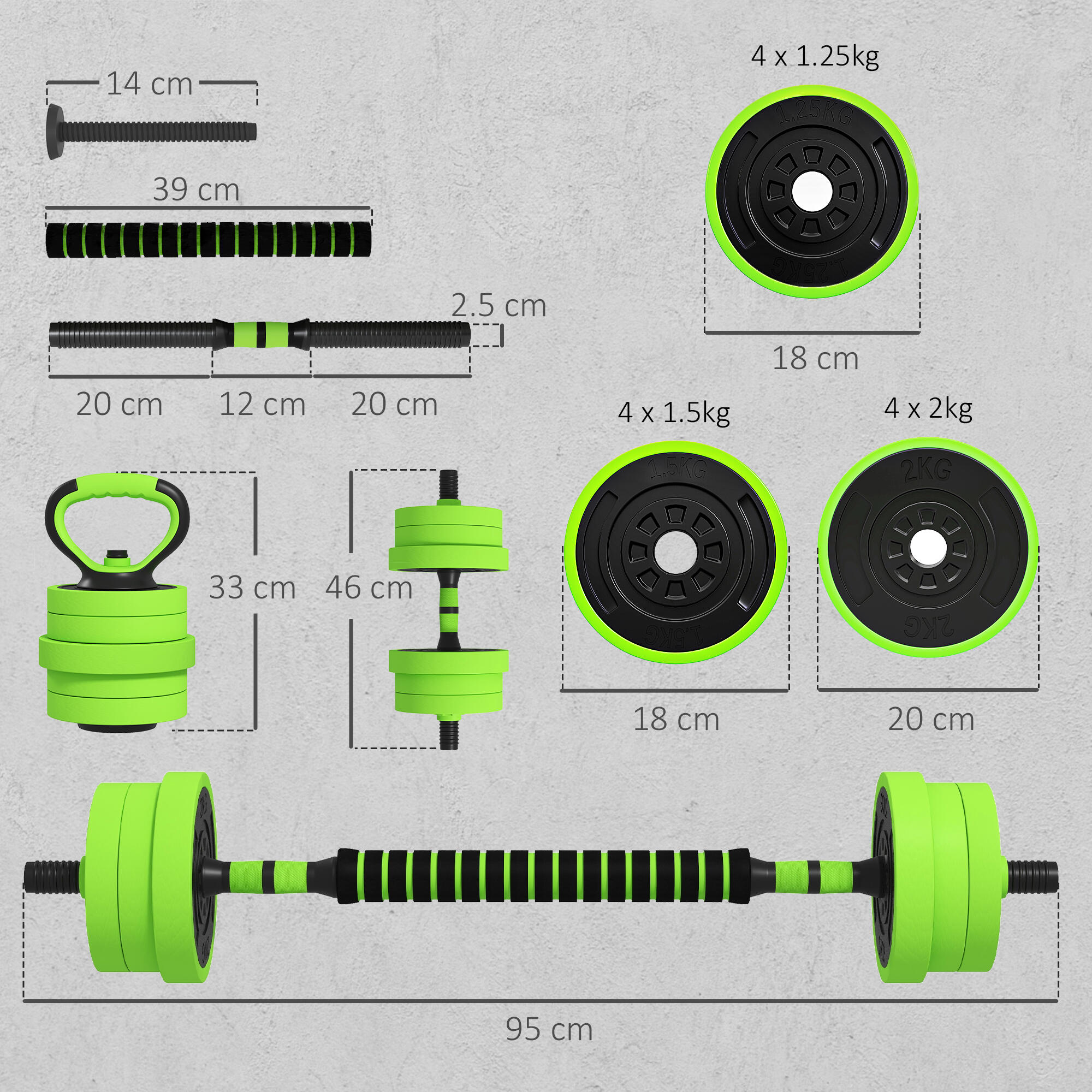 SPORTNOW Set Pesi Palestra 4 in 1 da 20kg Kettlebell, Manubri, Bilanciere Verde 3/8