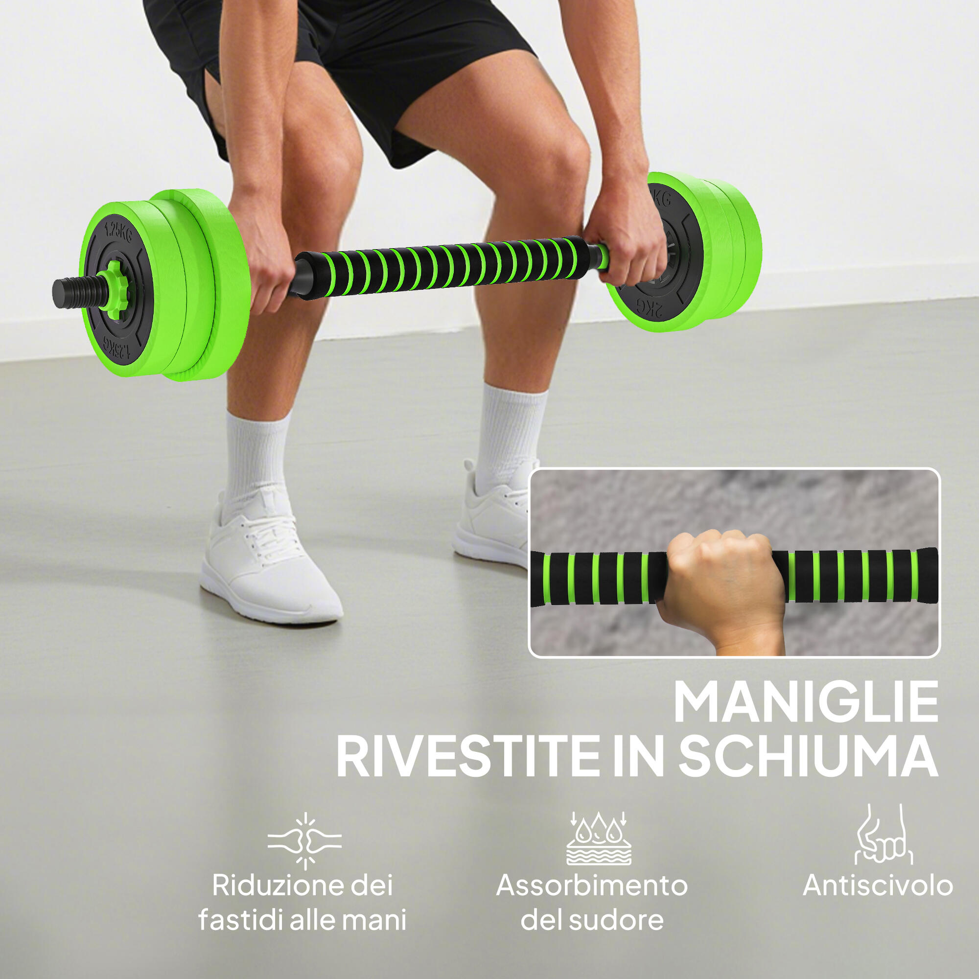 SPORTNOW Set Pesi Palestra 4 in 1 da 20kg Kettlebell, Manubri, Bilanciere Verde 6/8