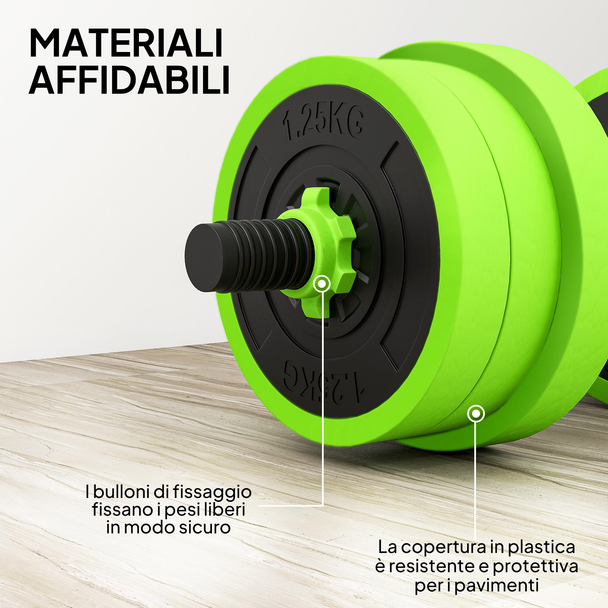 SPORTNOW Set Pesi Palestra 4 in 1 da 20kg Kettlebell, Manubri, Bilanciere Verde 7/8