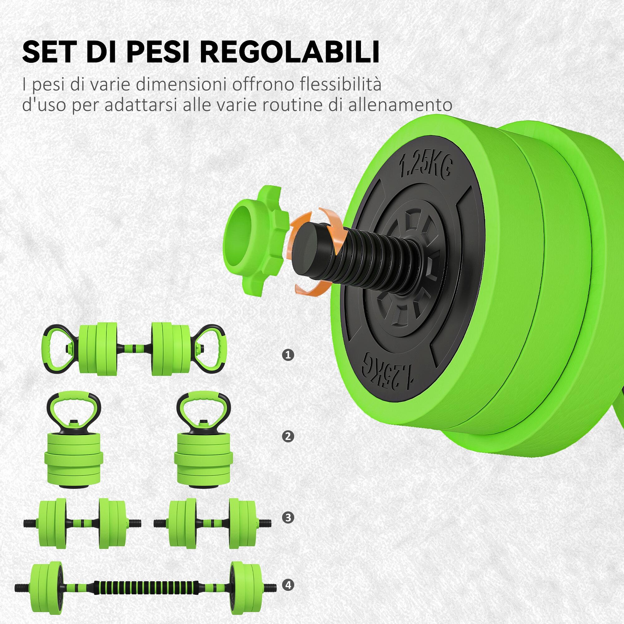 SPORTNOW Set Pesi Palestra 4 in 1 da 20kg Kettlebell, Manubri, Bilanciere Verde 5/8
