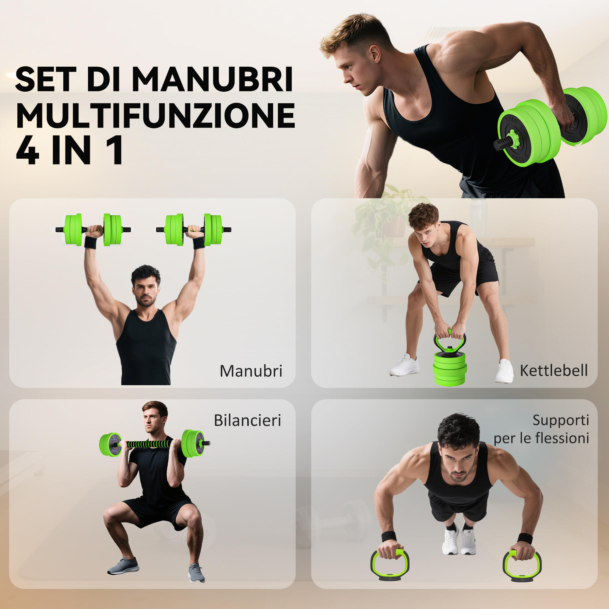 SPORTNOW Set Pesi Palestra 4 in 1 da 20kg Kettlebell, Manubri, Bilanciere Verde 4/8