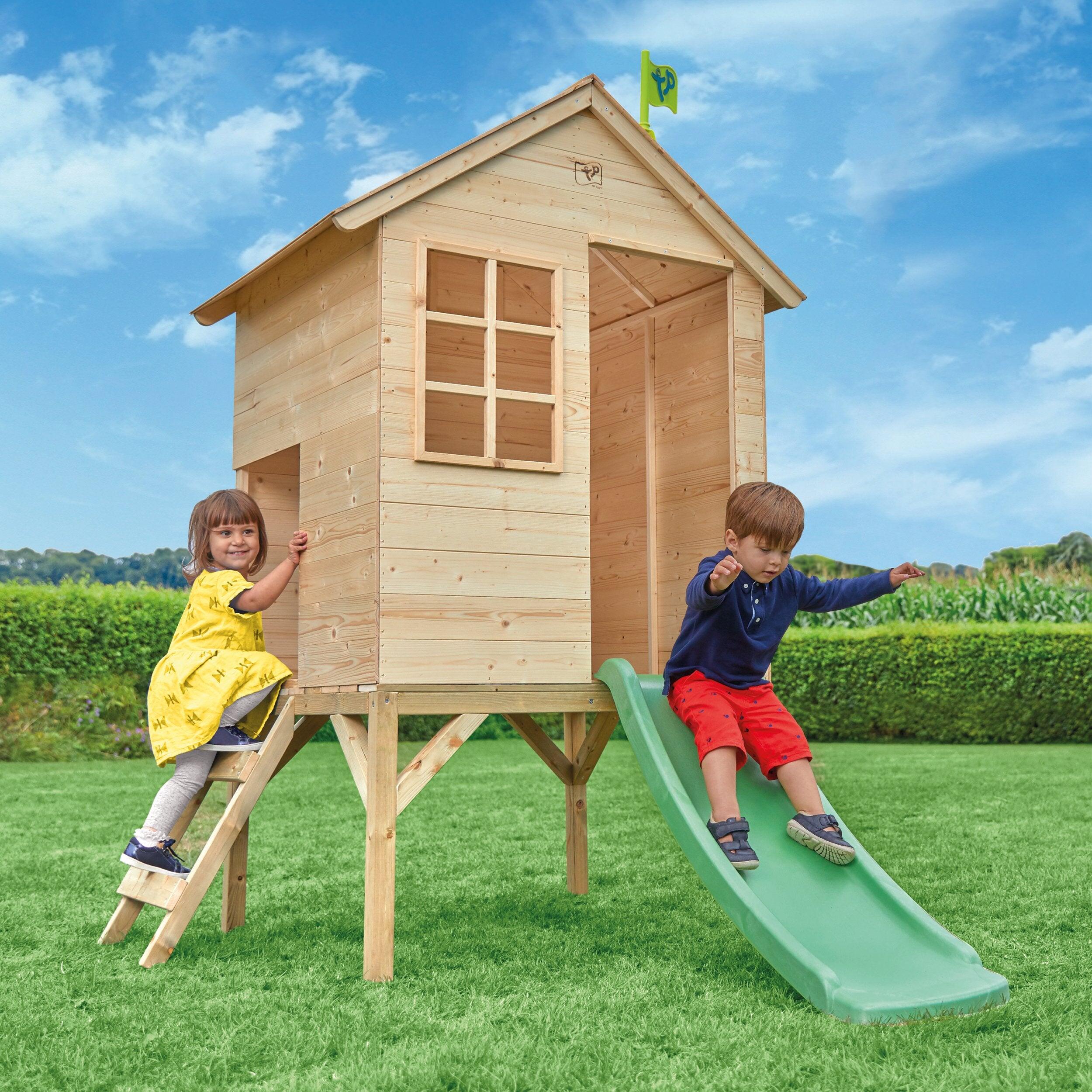 Huisje op palen van FSC®-hout met appelgroene glijbaan SUNNYSIDE 2/5