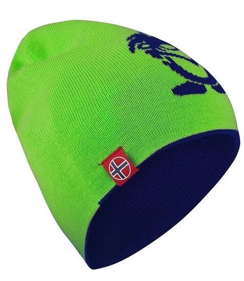 Bonnet laine enfant Troll (long) bleu marine / vert clair