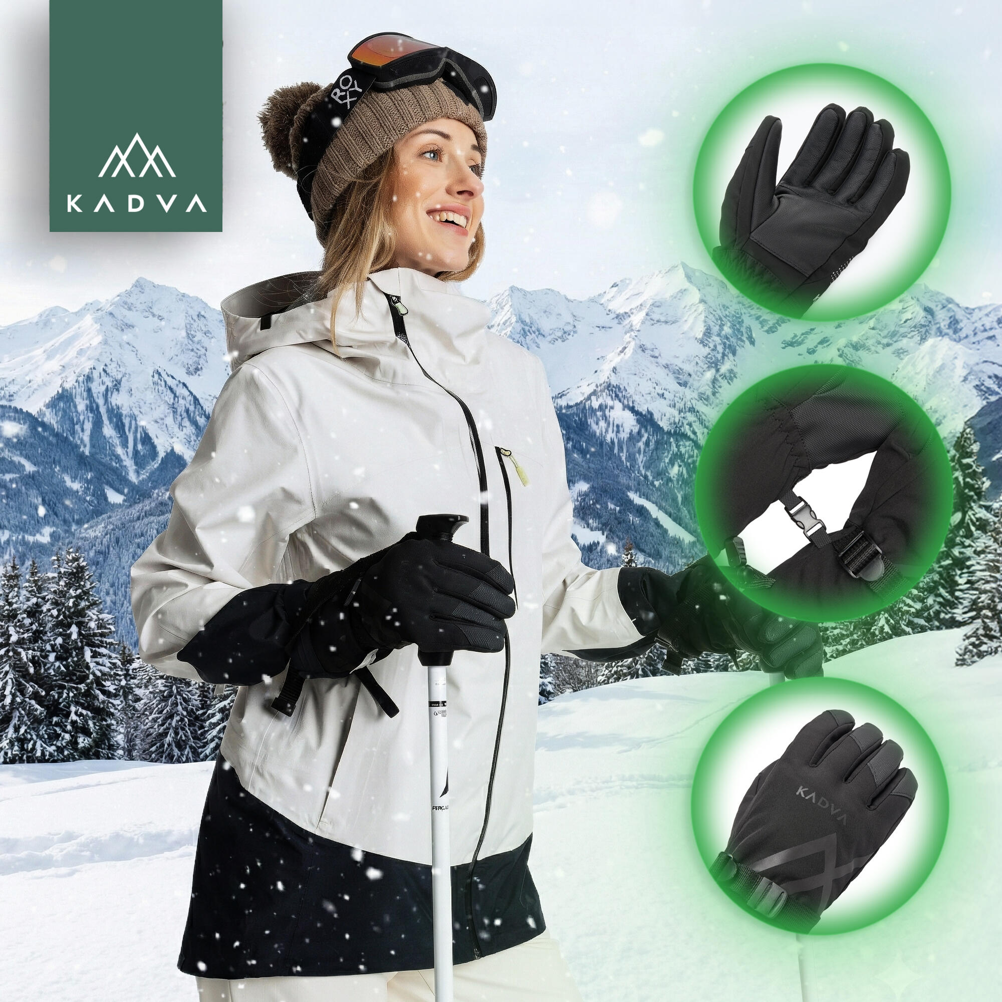 Luvas de esqui femininas KADVA Mountain Flow 3M Thinsulate 4/7