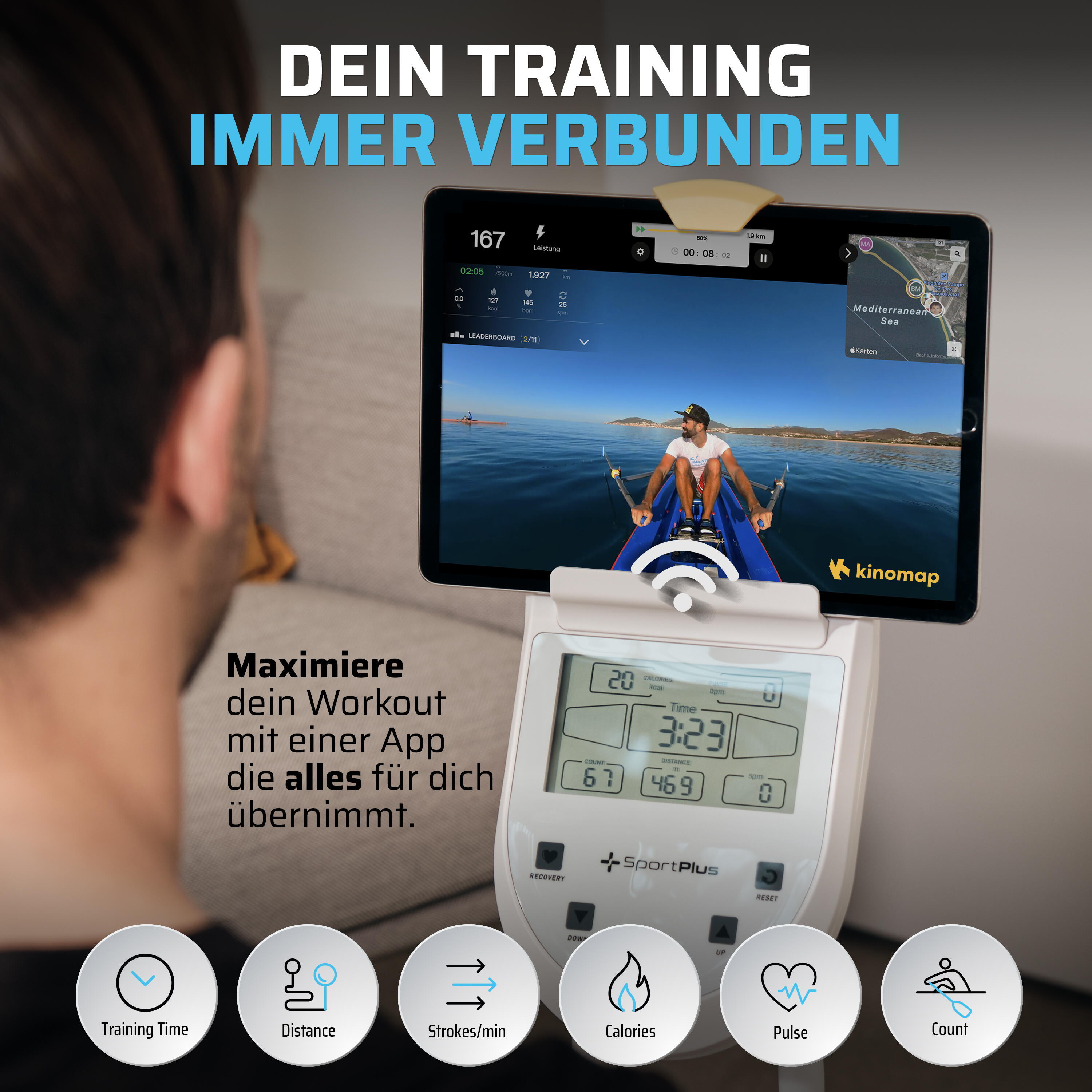 Rameur SportPlus avec compatibilité app & système de frein magnétique 5/7