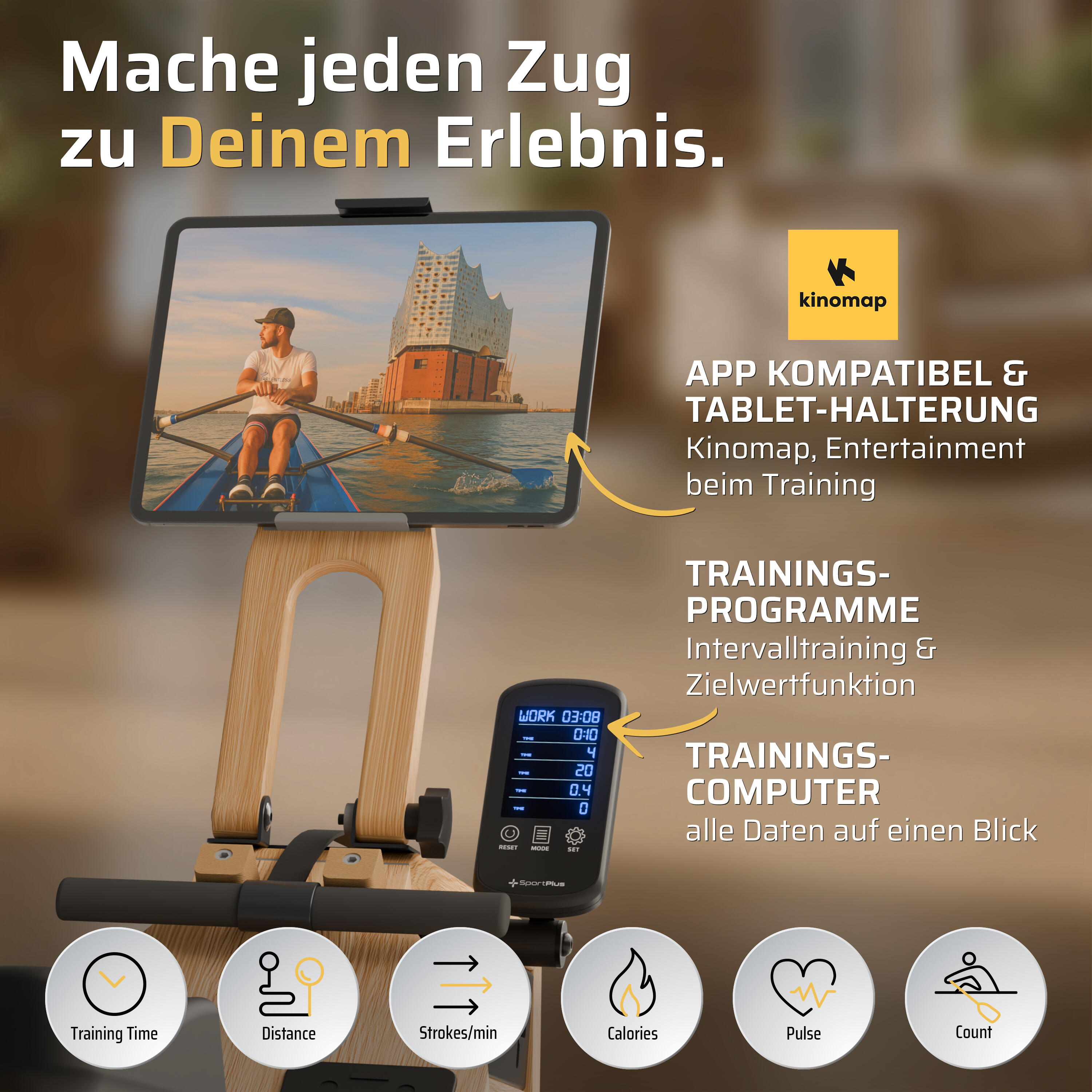 Rameur à eau pliable SportPlus en chêne, compatible application, ordinateur 3/7