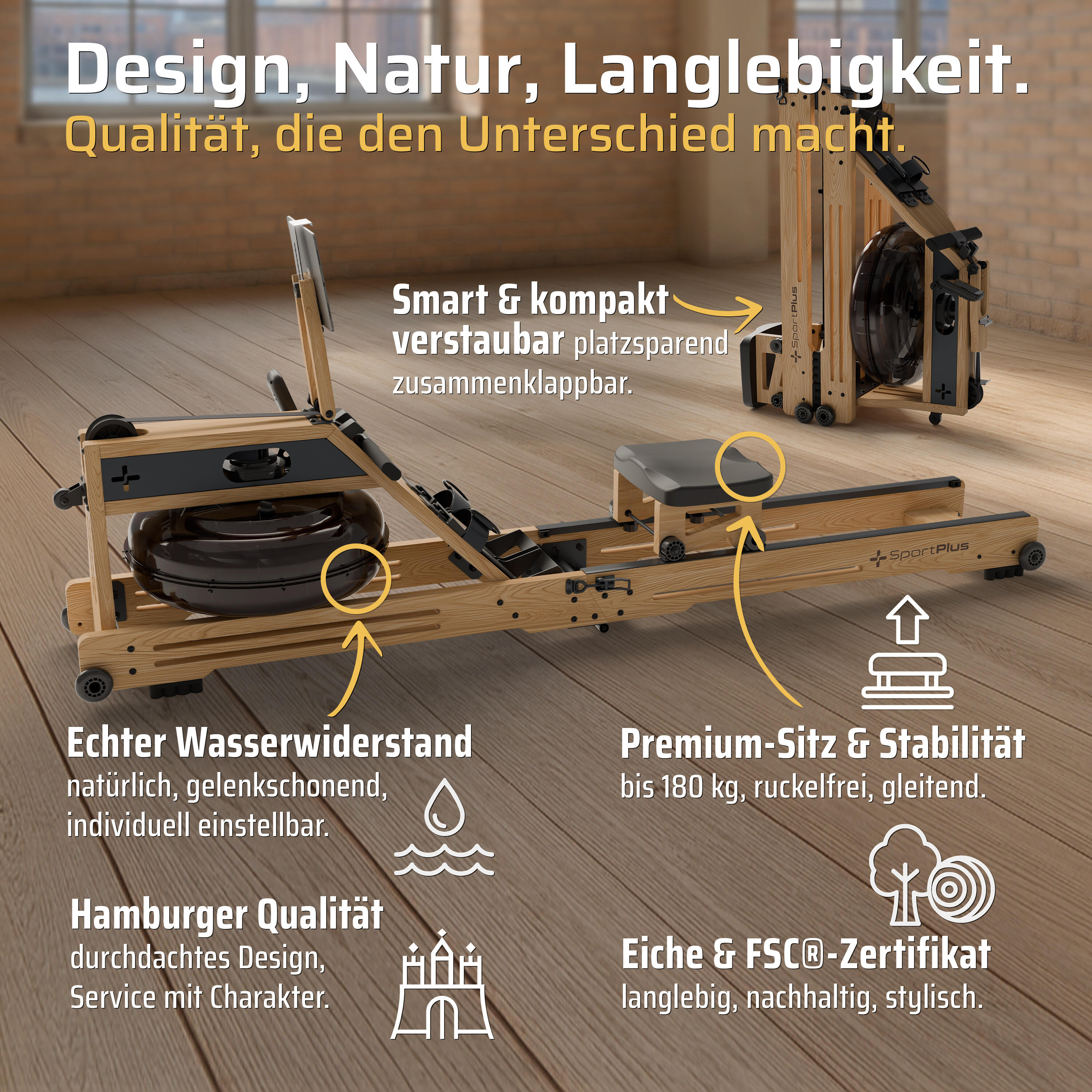 Rameur à eau pliable SportPlus en chêne, compatible application, ordinateur 2/7