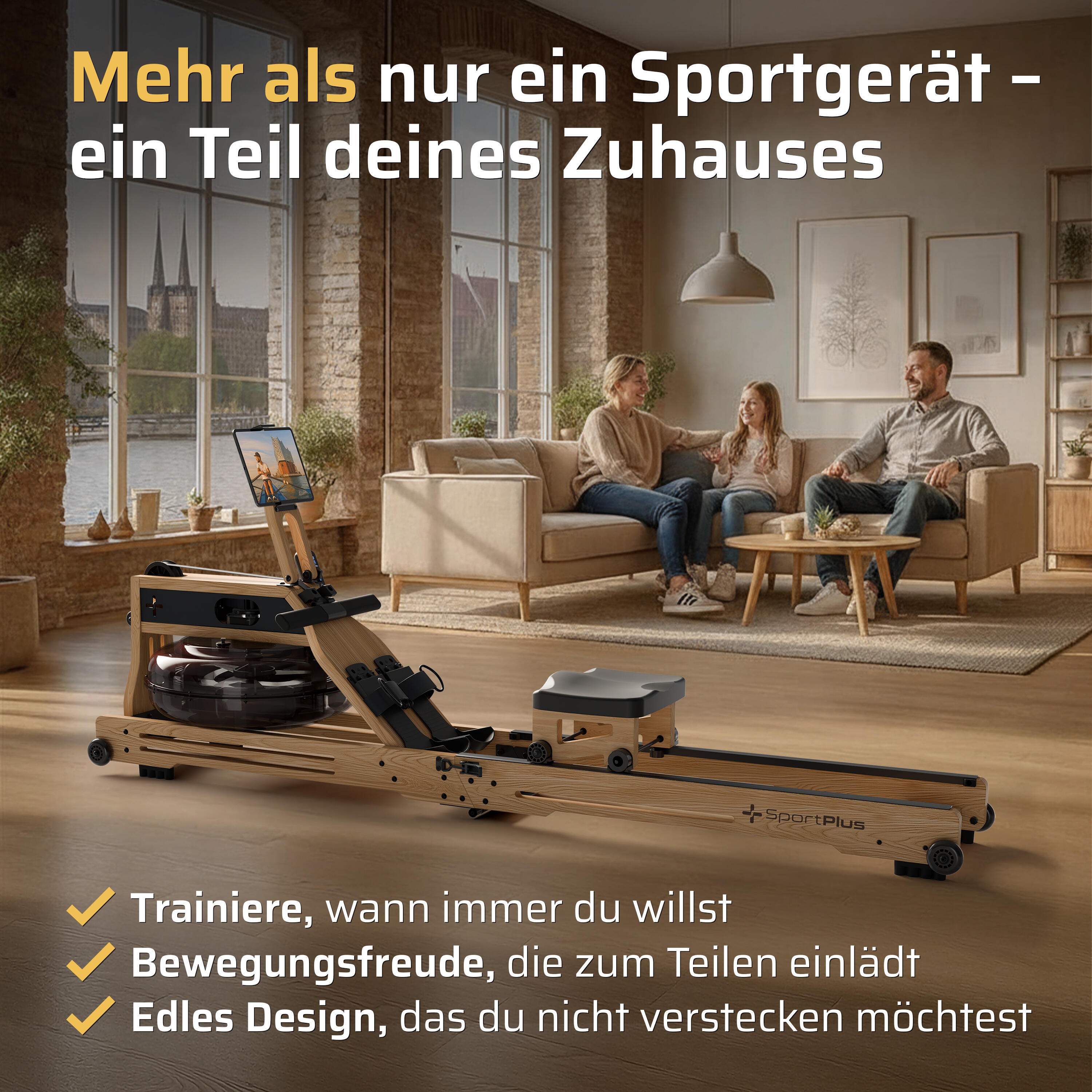 Rameur à eau pliable SportPlus en chêne, compatible application, ordinateur 4/7