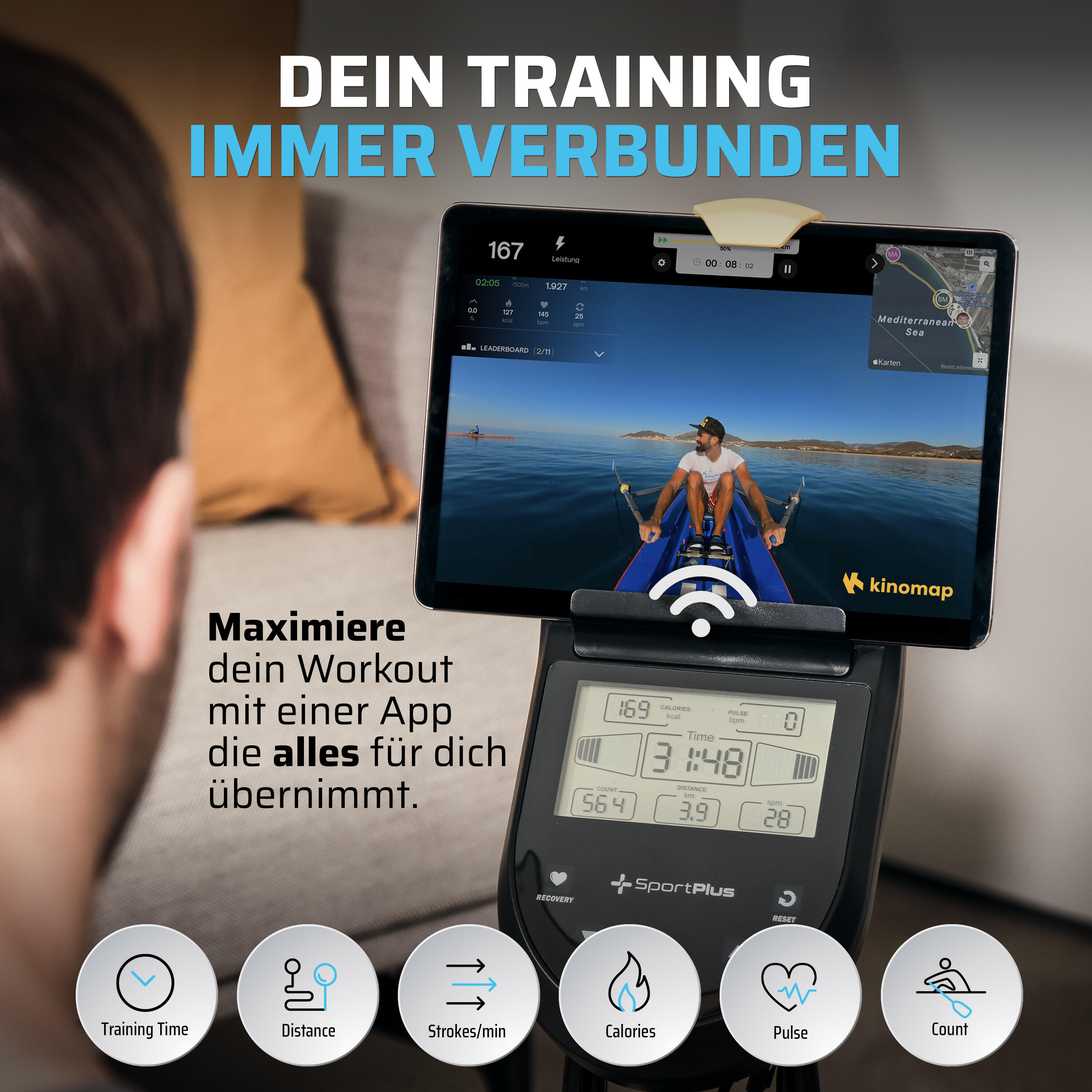 Rameur SportPlus, Compatibilité App, frein magnétique, 8 niveaux de résistance 5/7