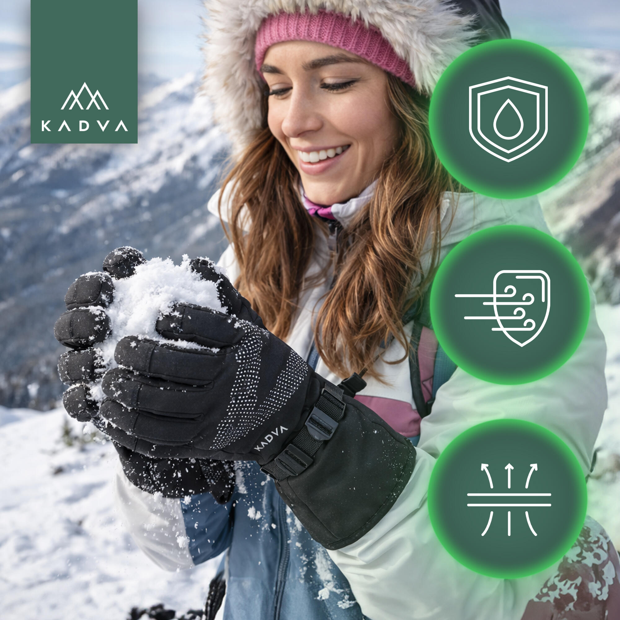 Luvas de esqui femininas KADVA Mountain Flow Pro couro 3M Thinsulate 3/7