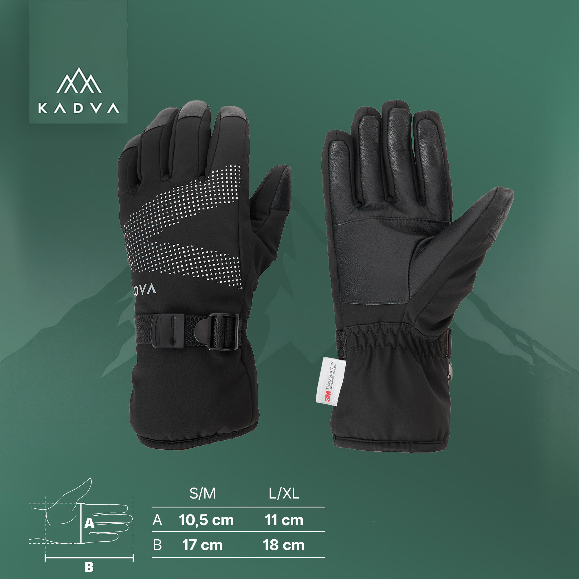 Luvas de esqui femininas KADVA Mountain Flow Pro couro 3M Thinsulate 2/7