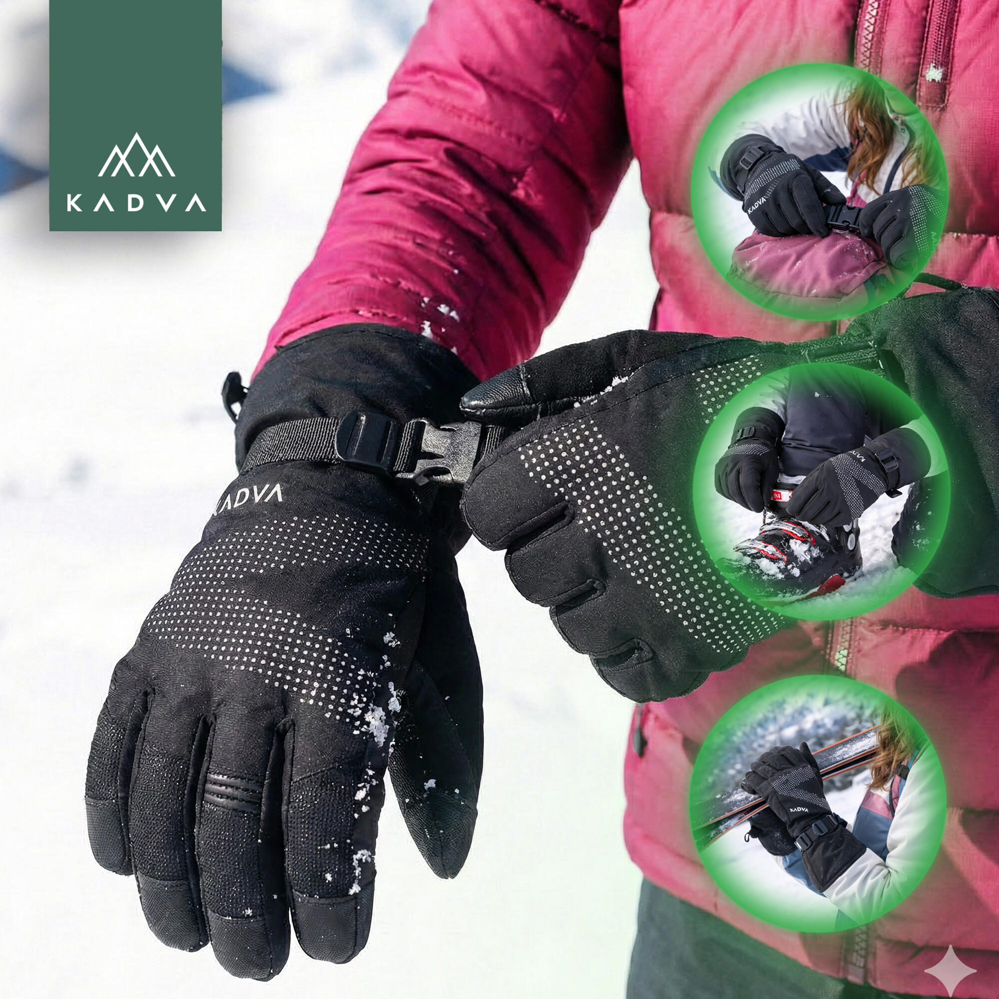 Luvas de esqui femininas KADVA Mountain Flow Pro couro 3M Thinsulate 5/7