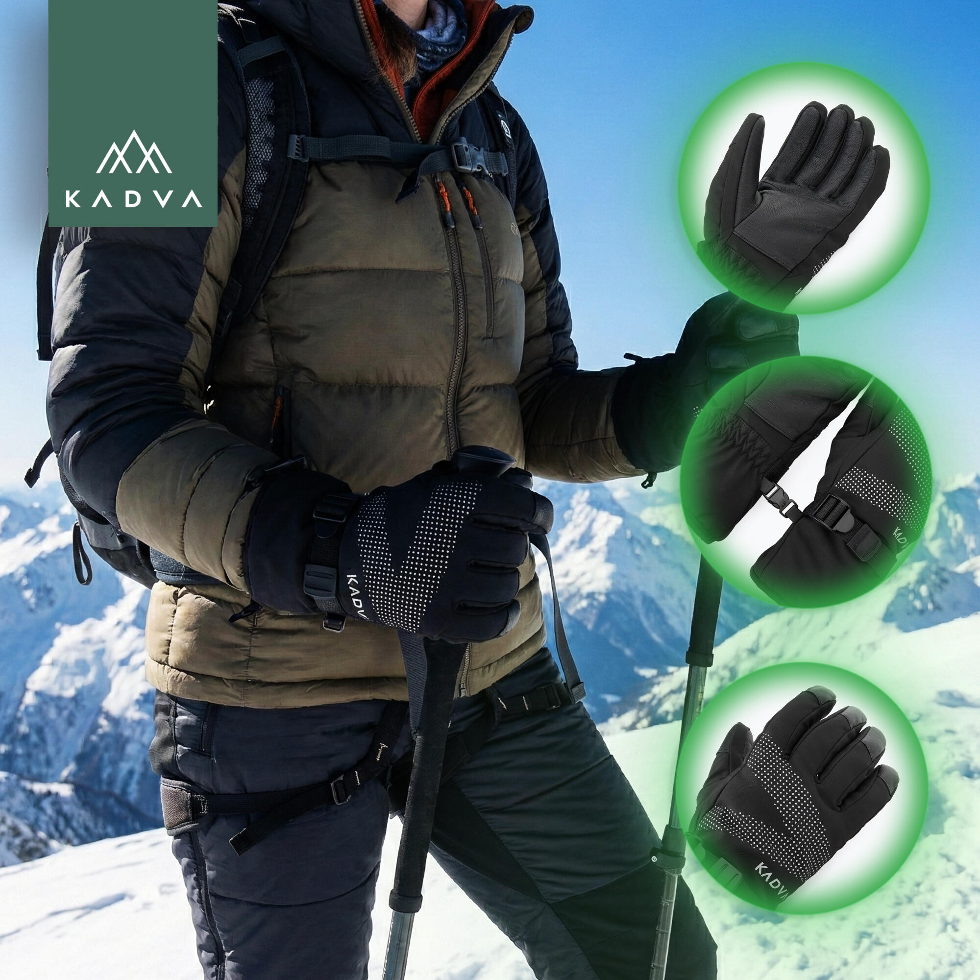 Luvas de esqui femininas KADVA Mountain Flow Pro couro 3M Thinsulate 4/7