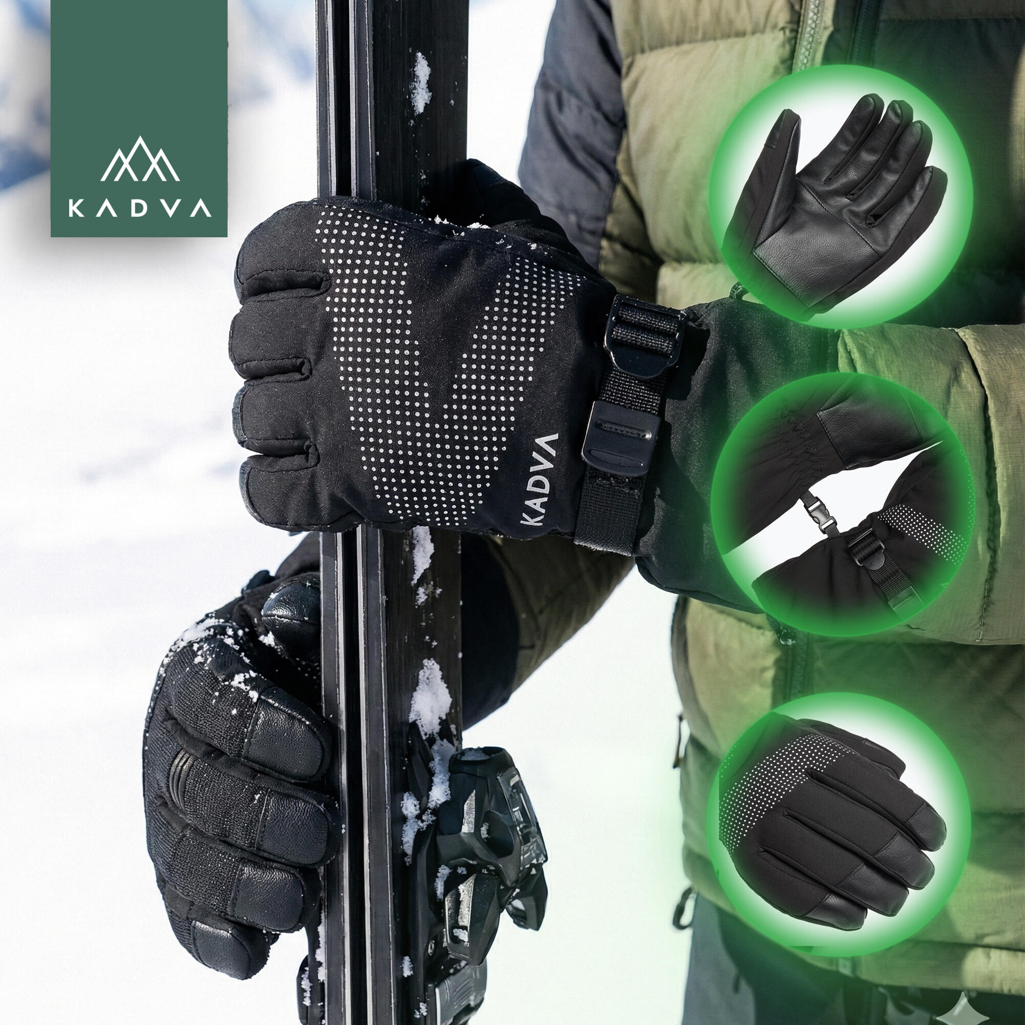 Luvas de esqui KADVA Mountain Flow Pro couro 3M Thinsulate 4/7