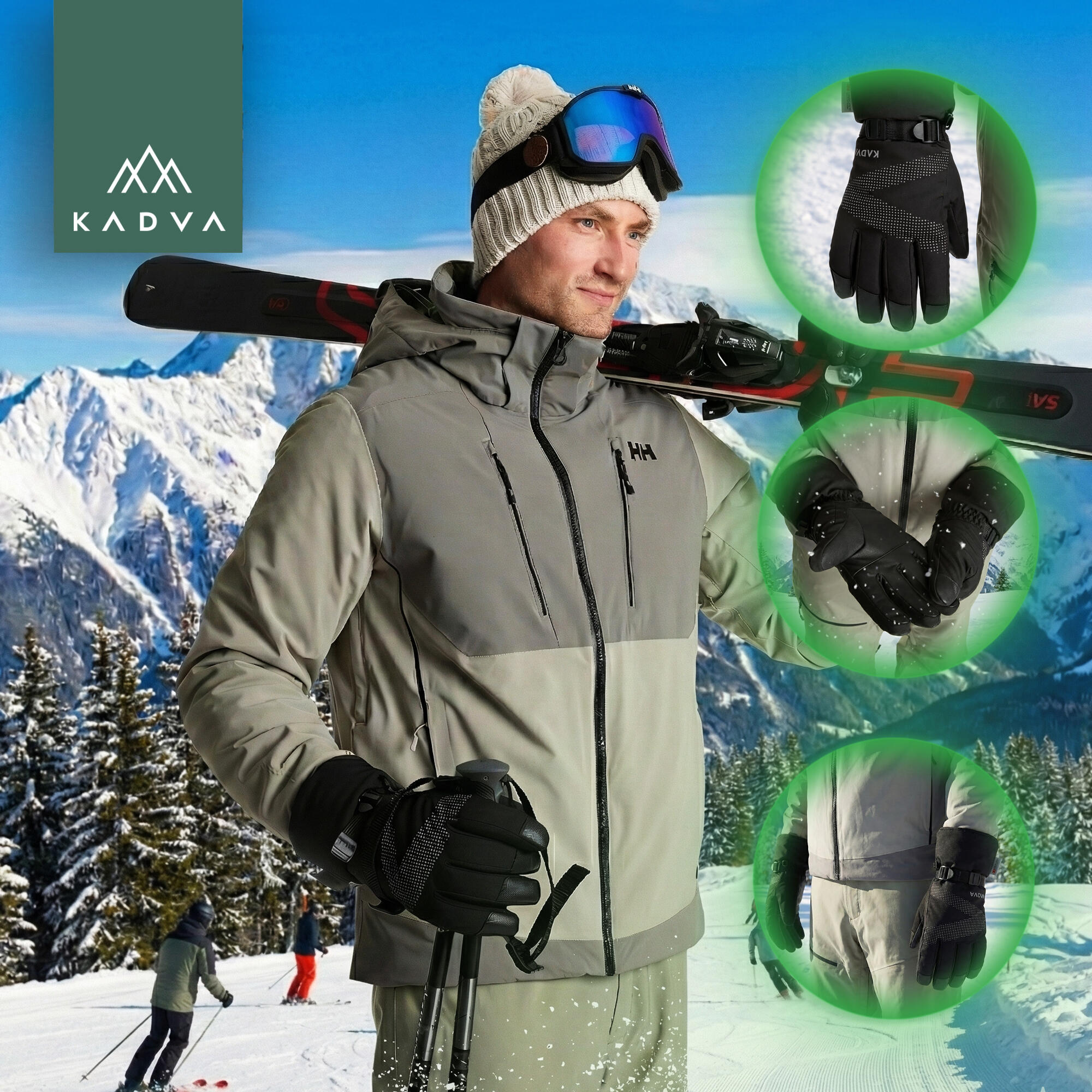 Luvas de esqui KADVA Mountain Flow Pro couro 3M Thinsulate 5/7
