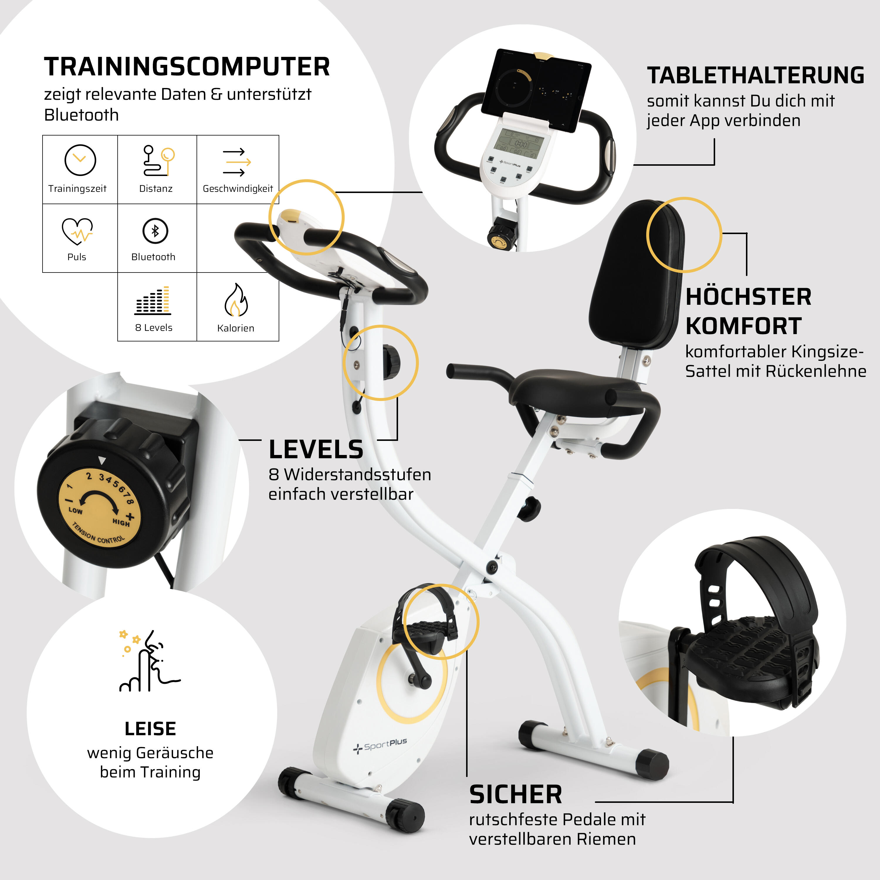 SportPlus Klappbares S-Bike mit Magnetbremse, Rückenlehne & App-Kompatibilität 4/8