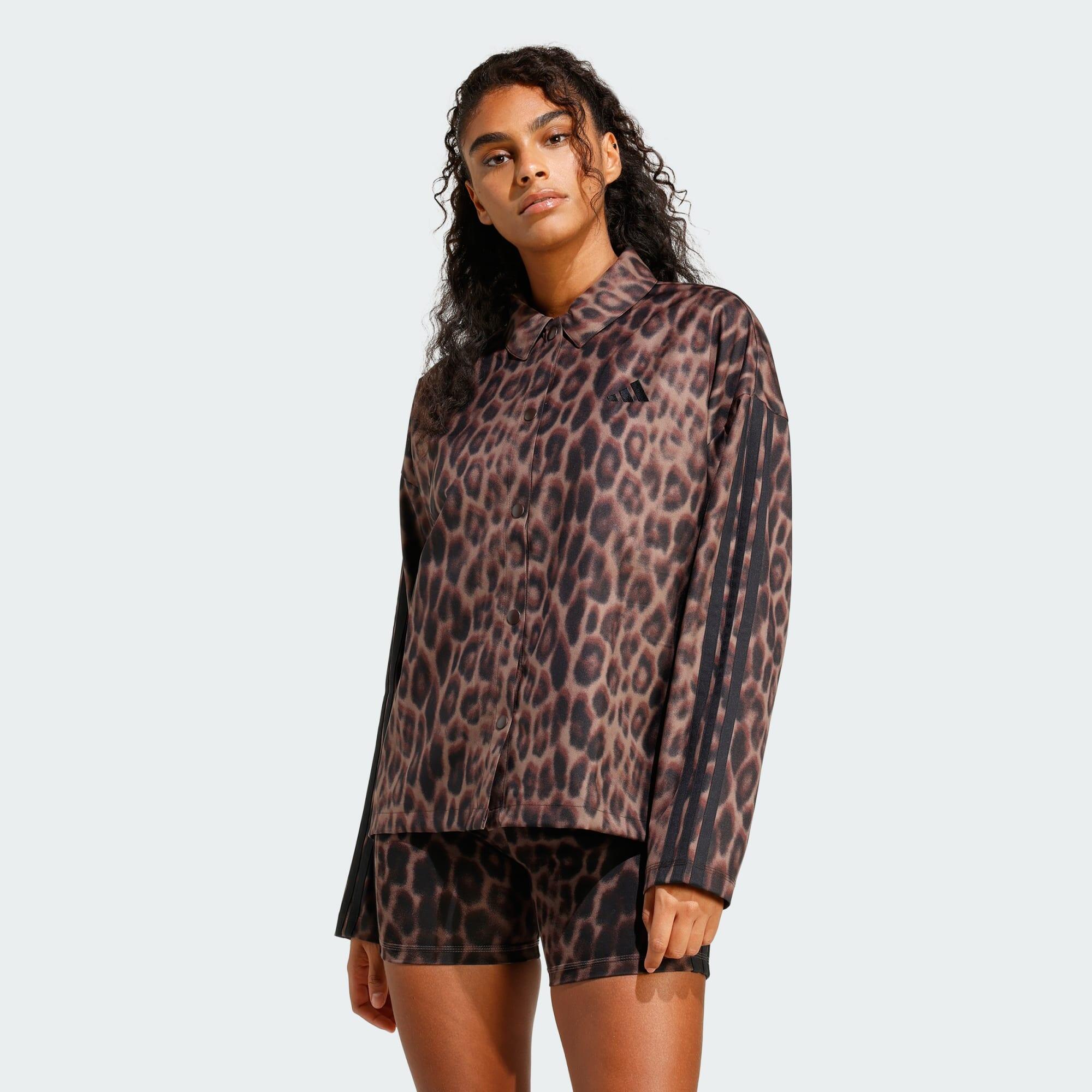 ADIDAS Camicia overshirt a trama intrecciata con stampa leopardata e 3 righe essenziali