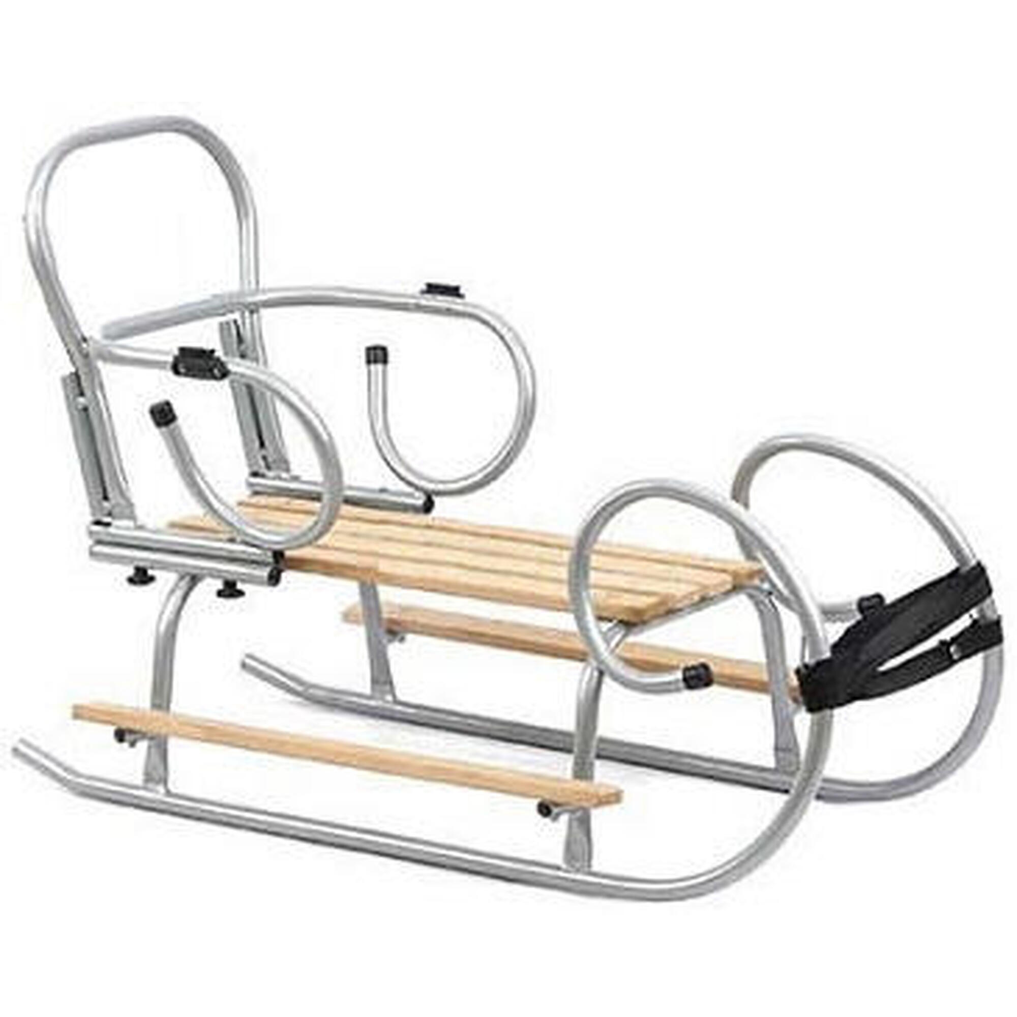 Sanki dla dzieci metalowe z oparciem i podnóżkami rurkowe retro szare