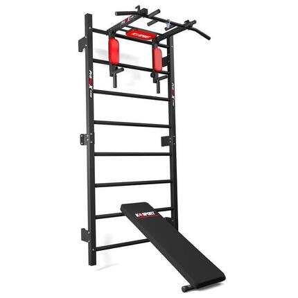 Sprossenwand Kraftstation mit Pull-Up Bar, Dip Stange & Hantelbank