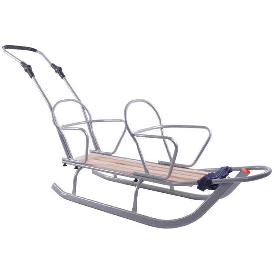 Sanki metalowe dla dzieci podwójne oparcia szare z prowadnikiem