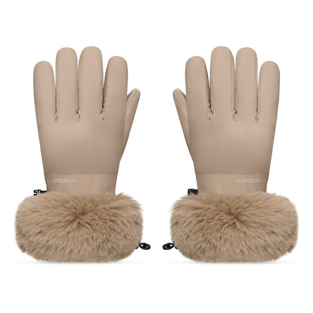 SIROKO Men & Women faux fur retro ski gloves Langlauf Camel Beige