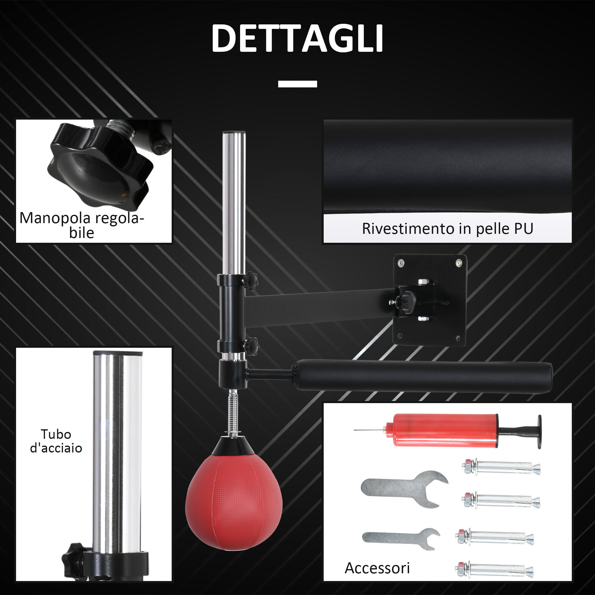 HOMCOM Speed Bag a Parete per Boxe e MMA Altezza Regolabile Acciaio e PU Rosso 7/7