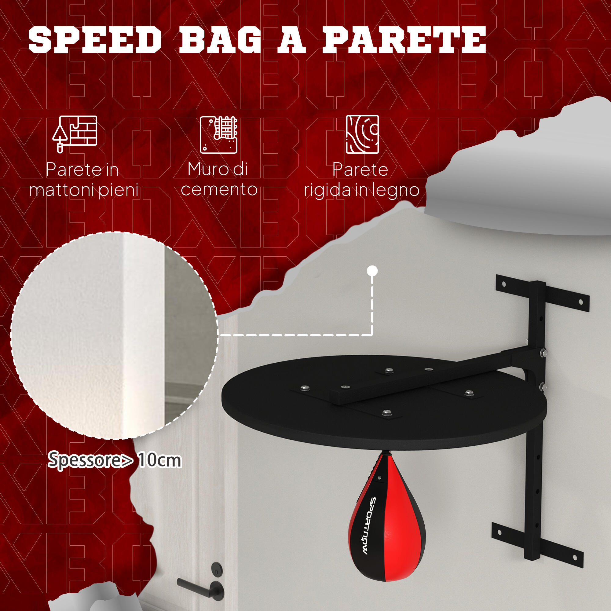 SPORTNOW Punching Ball a Muro Girevole a 360° e Regolabile su 7 Altezze Nero 5/7