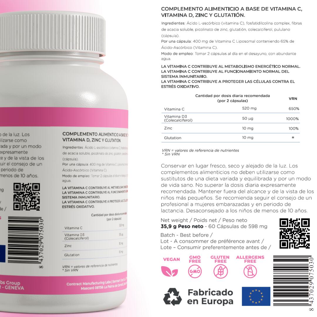 Vitamina C Liposomal Zinc D3 Glutatión Inmunidad 60 uds 6/7