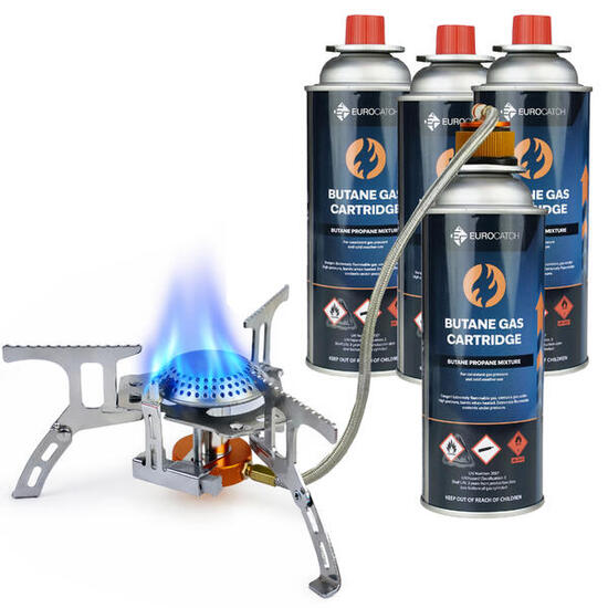 Réchaud à gaz pliable 2200W avec raccord - incl. 4 cartouches de gaz