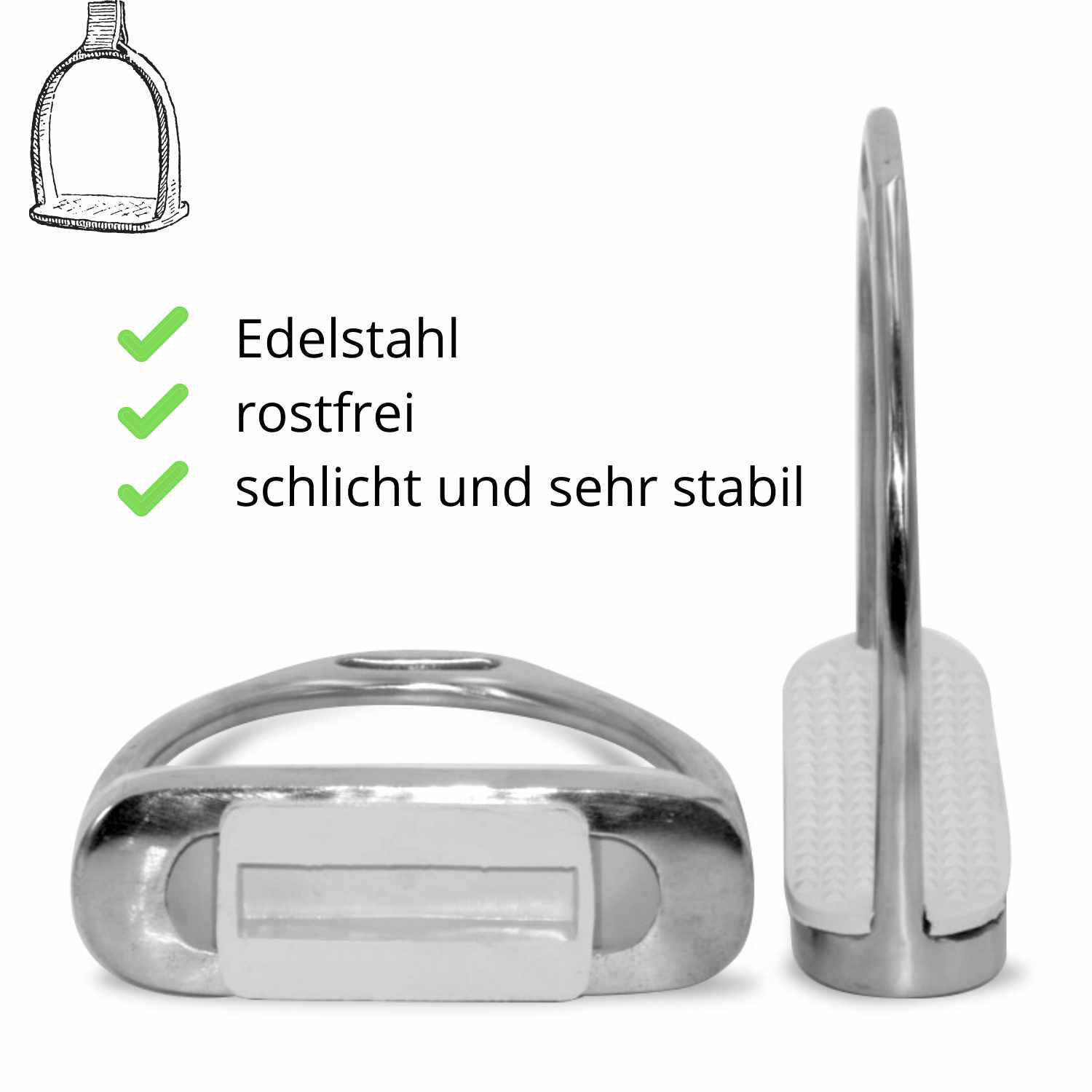 Steigbügel aus Edelstahl mit weißer Gummieinlage, 12 cm Trittfläche  BWAHL 3/4