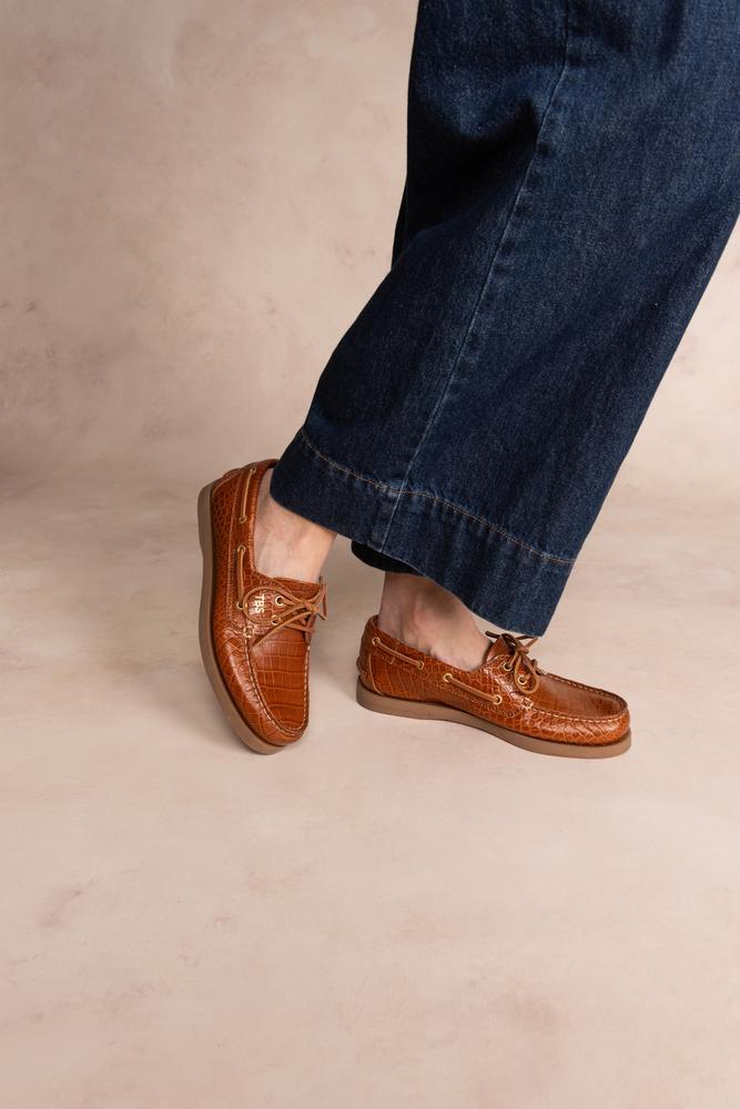 Chaussures bateau - Casual - Femme - Lacets cuir, croco - PHENISE - Cognac 3/5