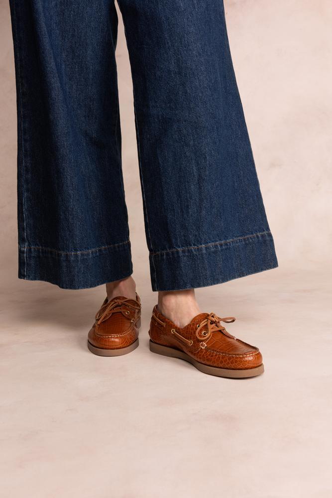 Chaussures bateau - Casual - Femme - Lacets cuir, croco - PHENISE - Cognac 2/5
