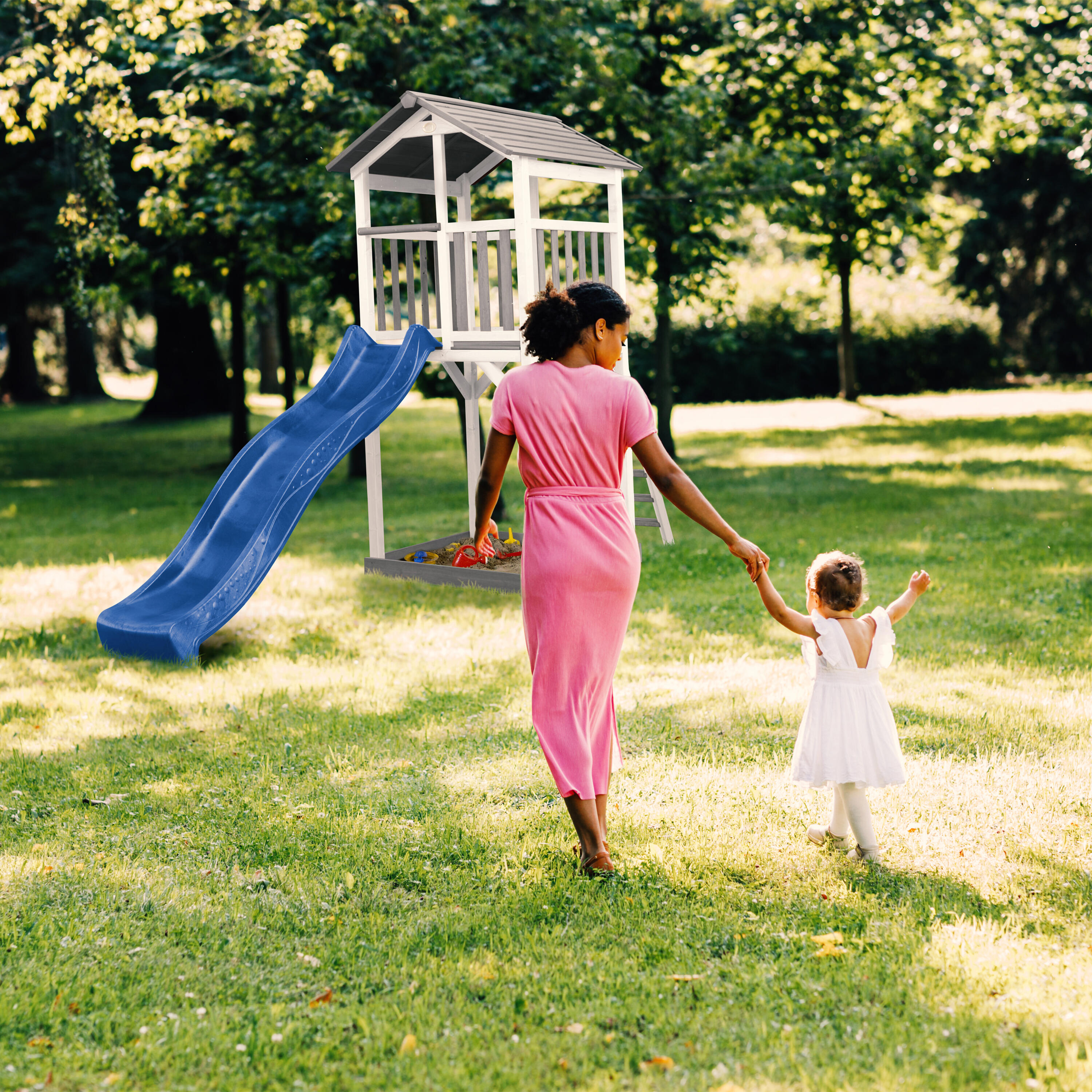 Aire de jeux Beach Tower Grise/Blanche - Toboggan Bleu 3/7