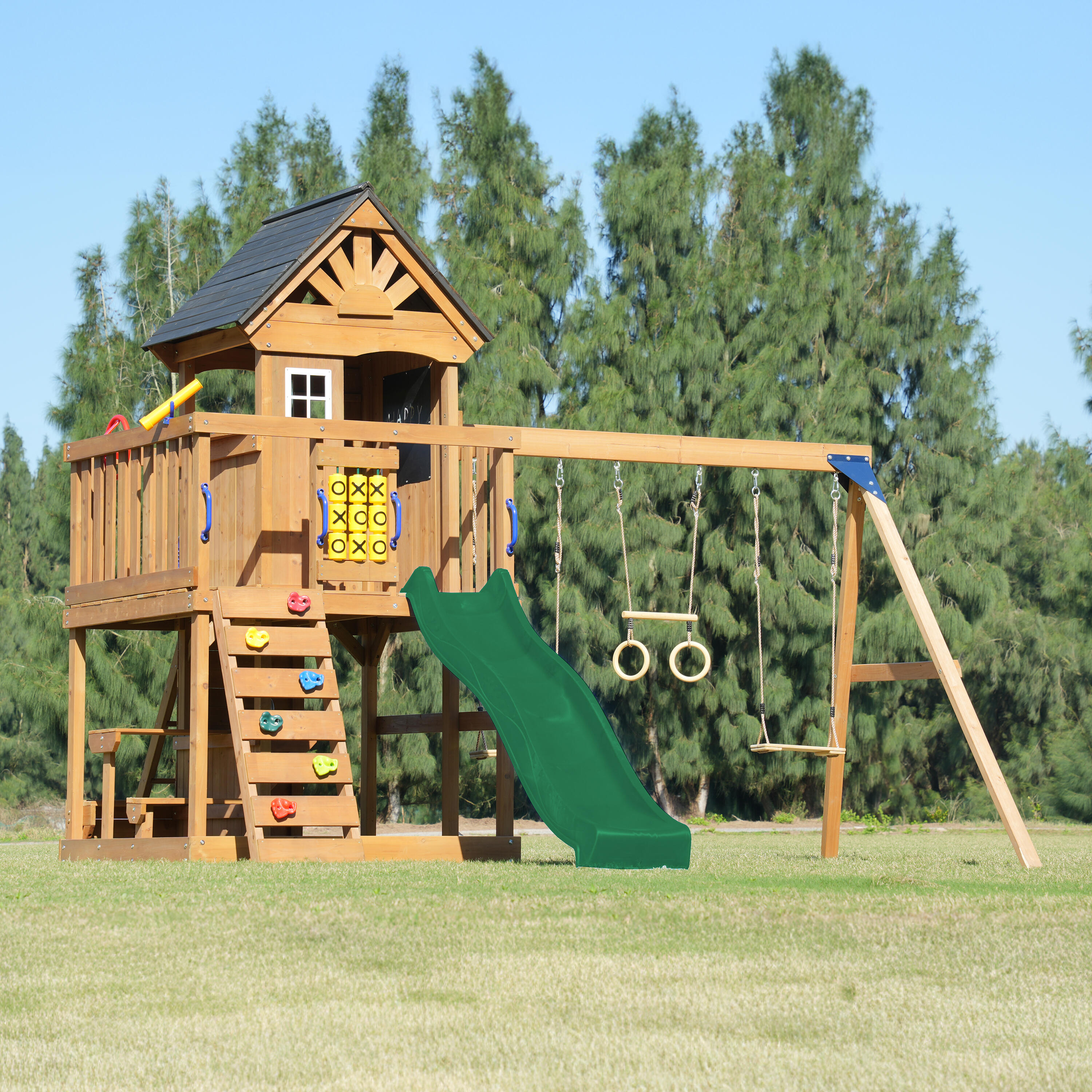 Parque Infantil Jack con columpio doble y trapecio marrón - tobogán verde 3/7