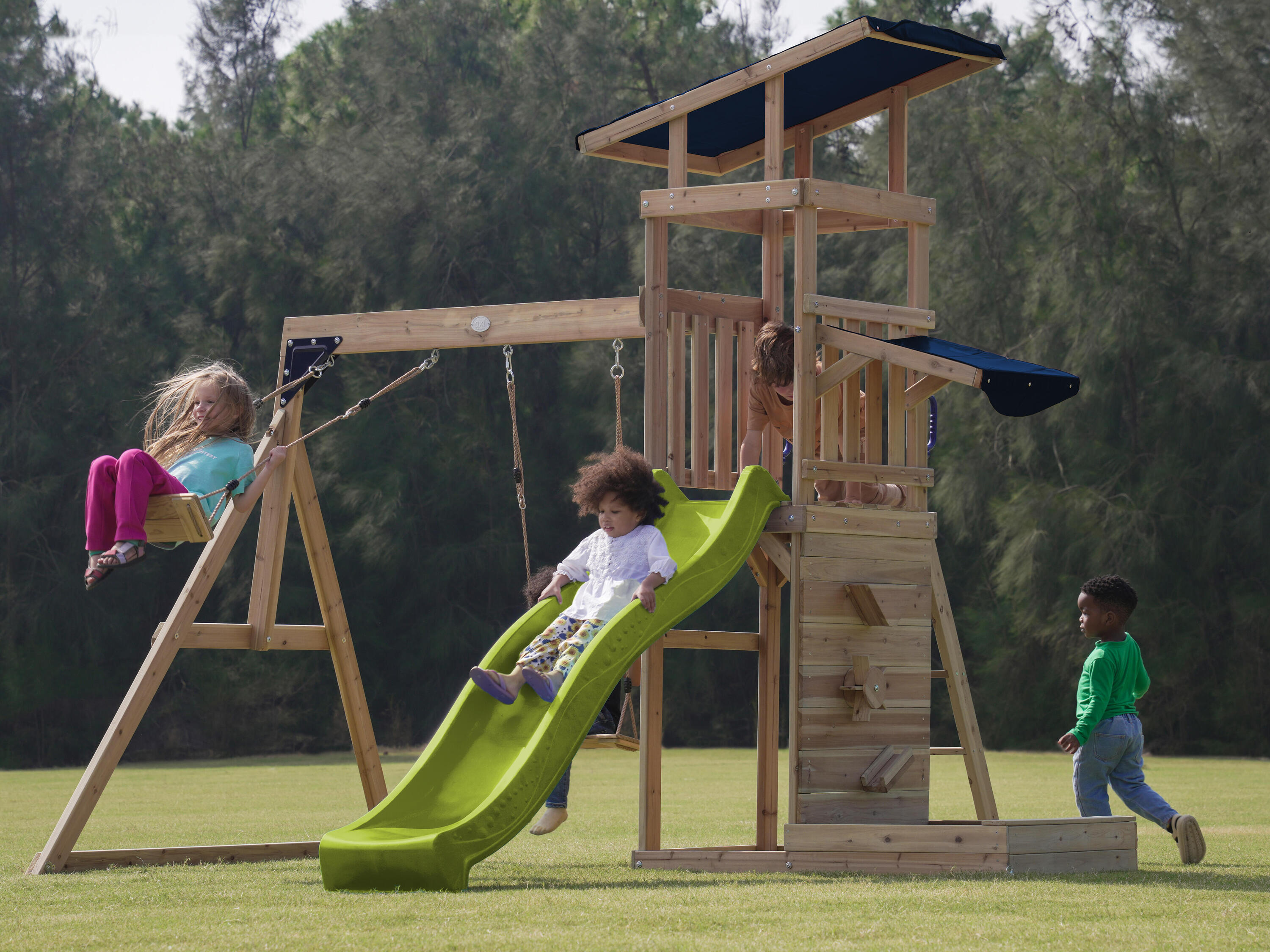 Aire de jeux Malik avec balançoire double Marron - toboggan vert citron 4/7