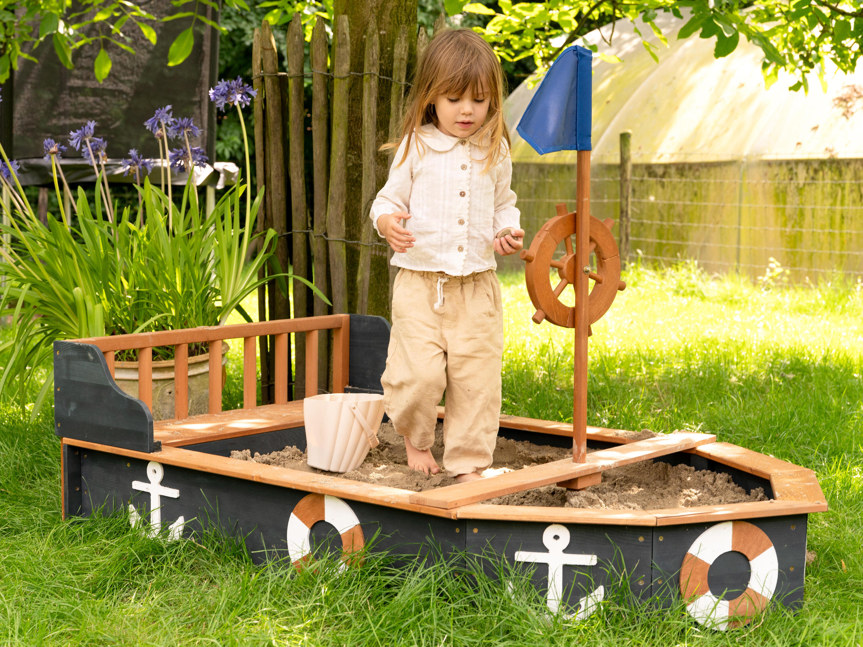 Bac à sable Bateau Doris 153 x 90 x 100 cm - Banc de rangement, Gris 3/7