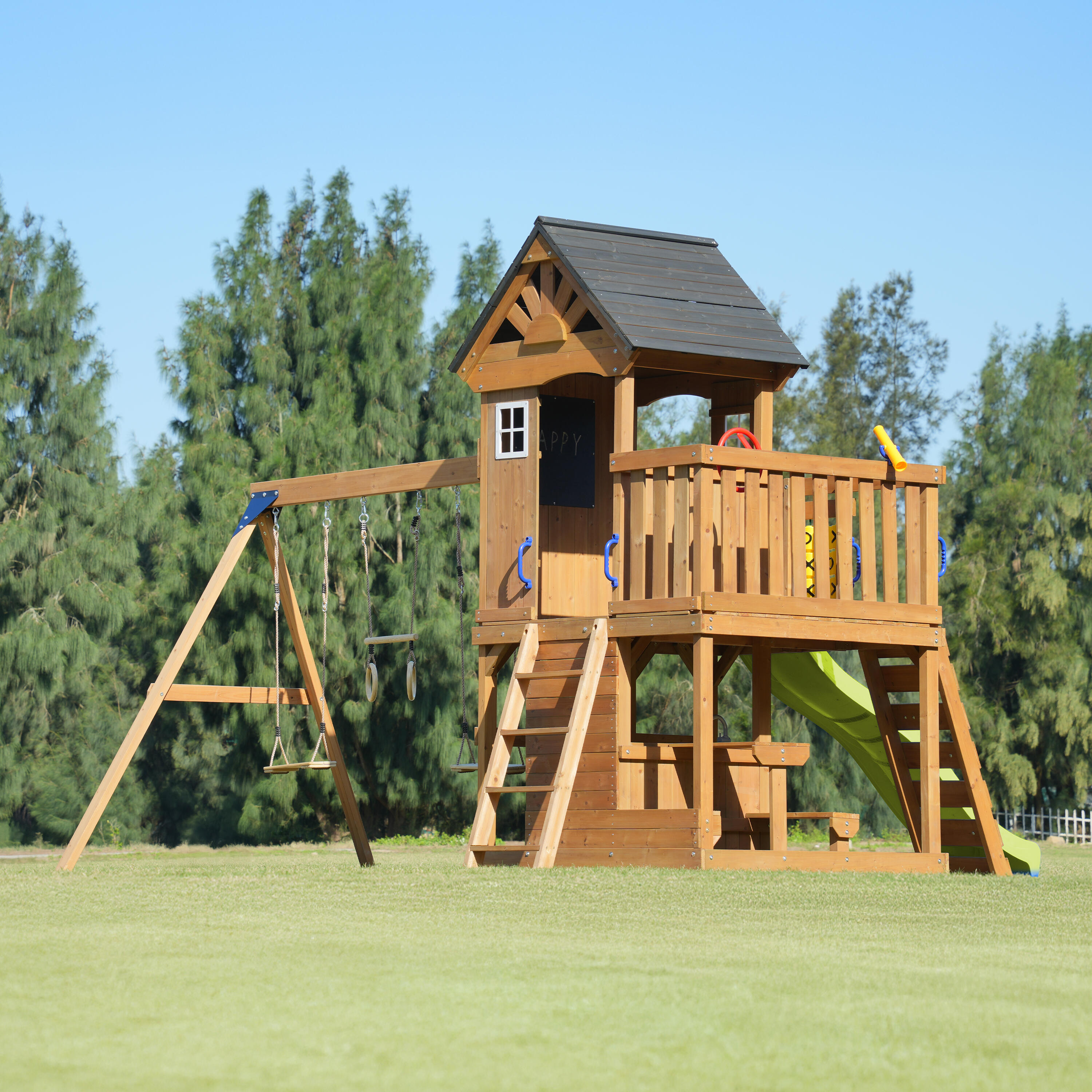 Parque Infantil Jack con columpio doble y trapecio marrón - tobogán verde 7/7
