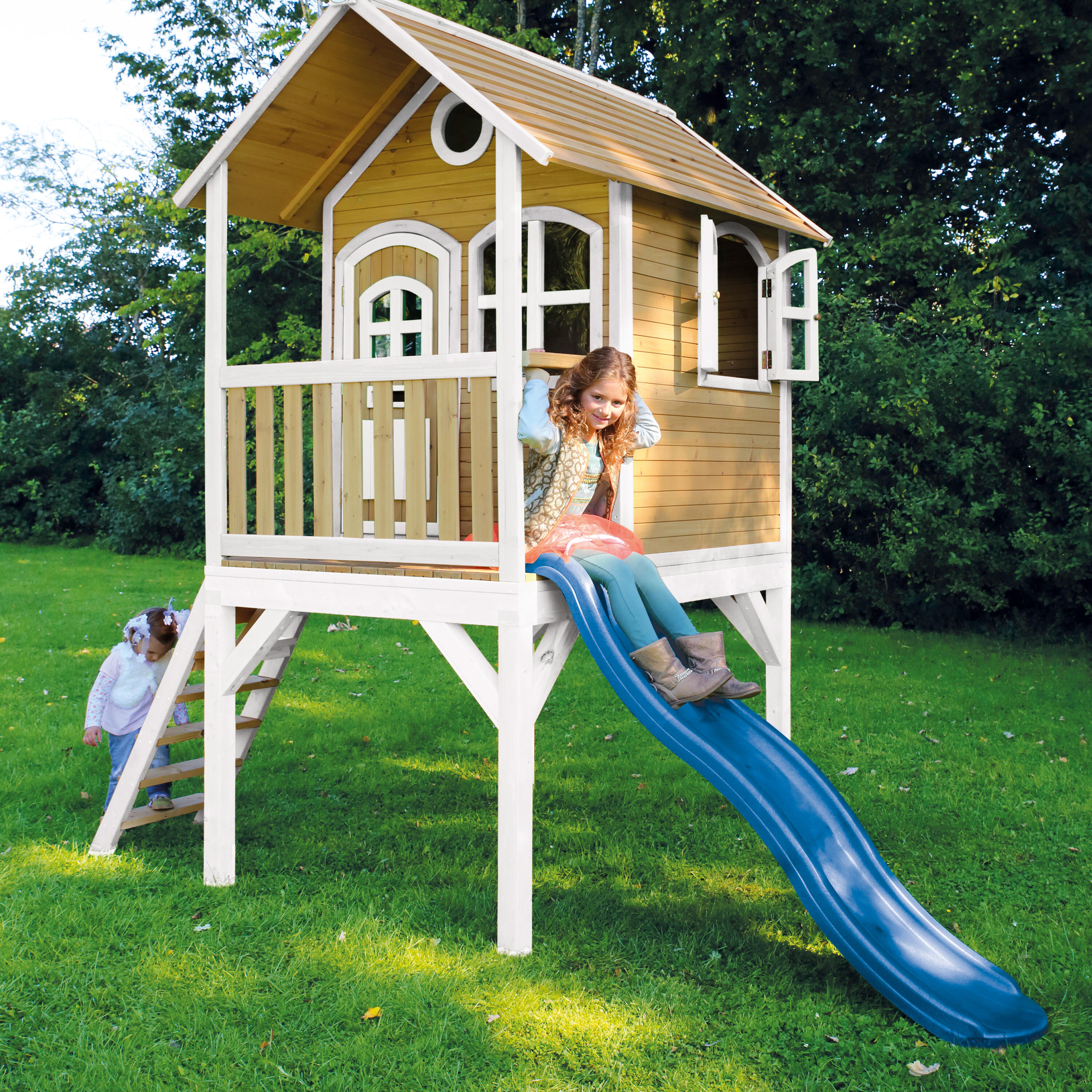 Maisonnette de jardin Laura Marron/Blanche  - Toboggan Bleu 7/7