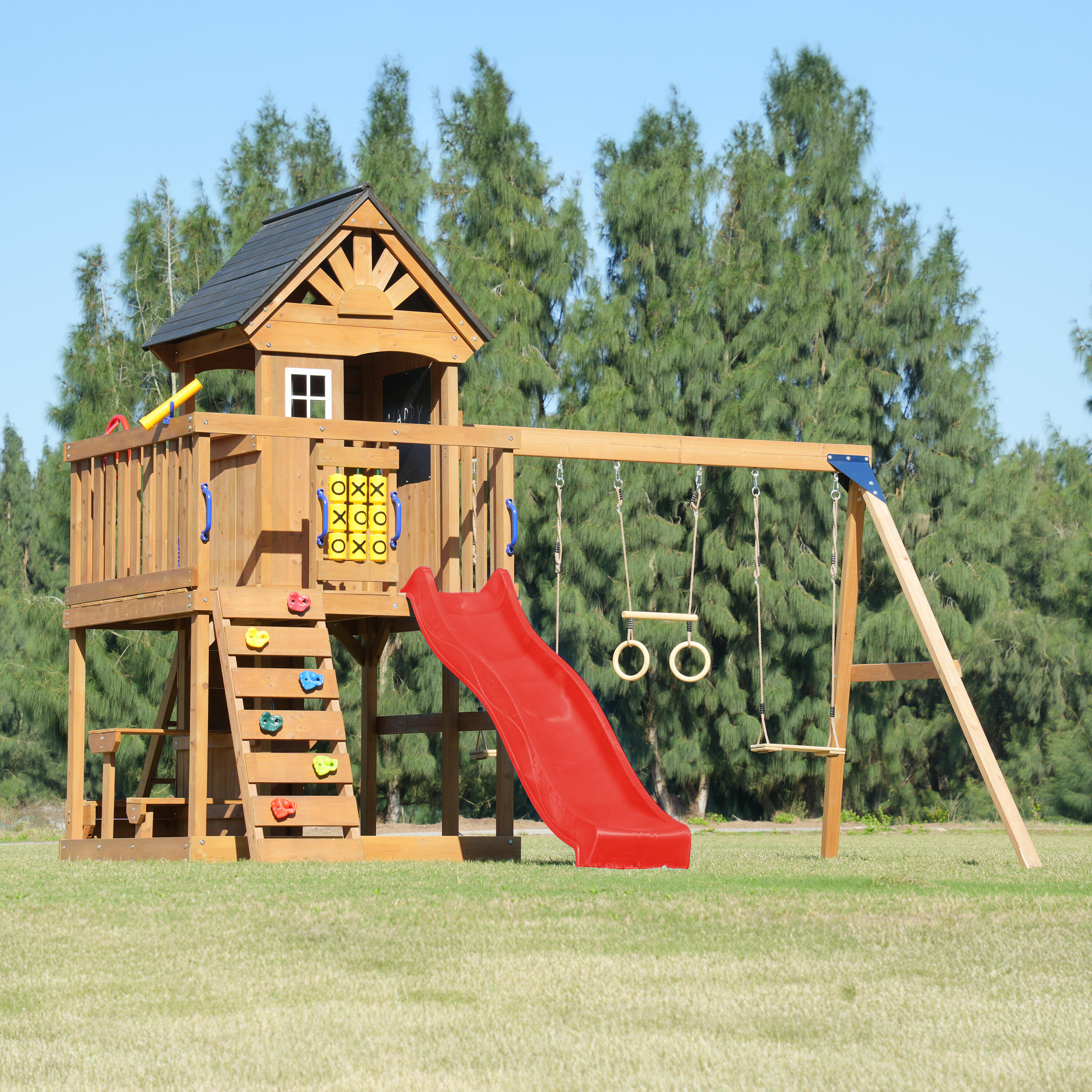 Parque Infantil Jack con columpio doble y trapecio marrón - tobogán rojo 3/7