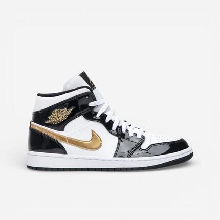 Jordan 1 Mid Patent Black White Gold