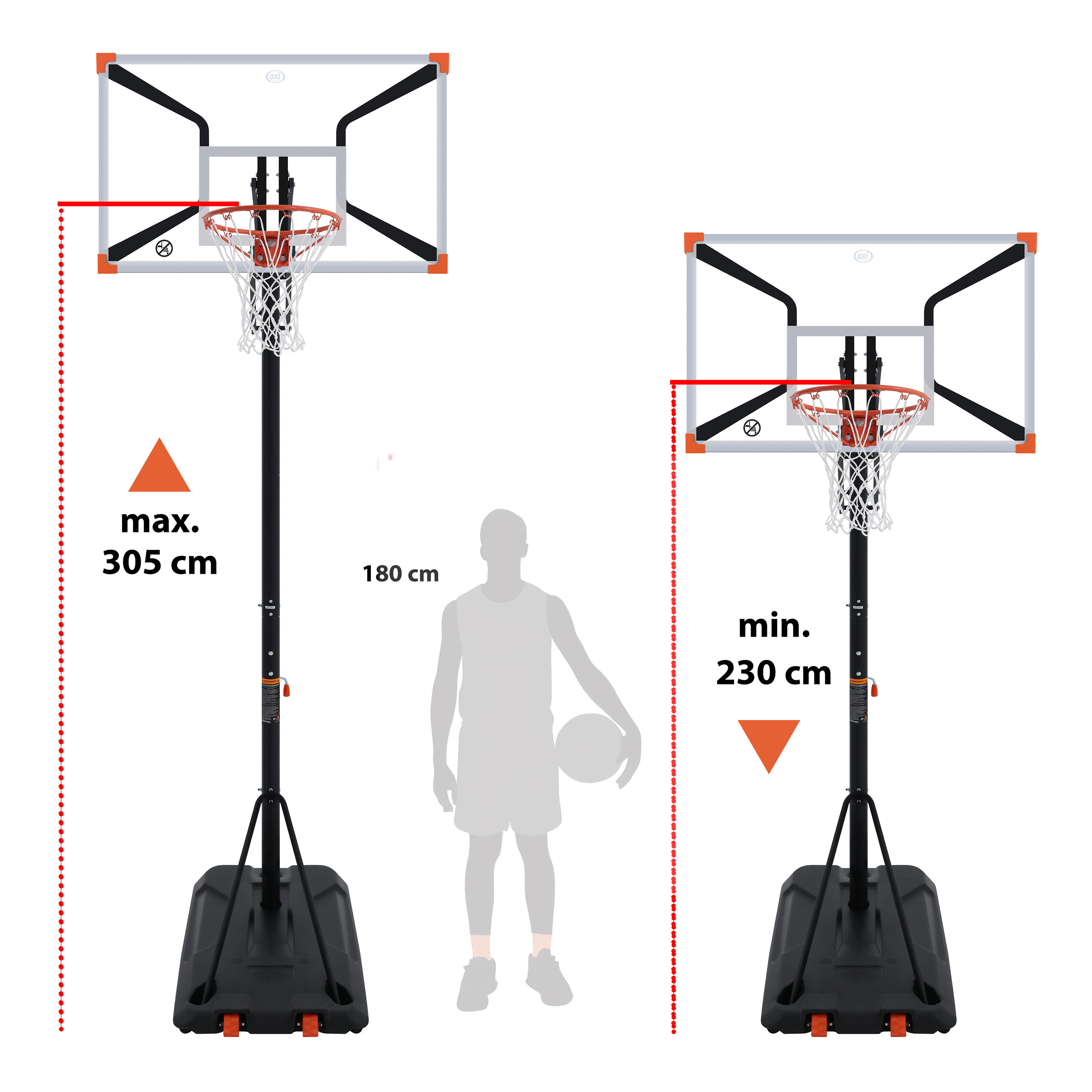AXI Kosz do koszykowki na stojaku Premium, 230-305 cm, pomaranczowo-bialy 3/7