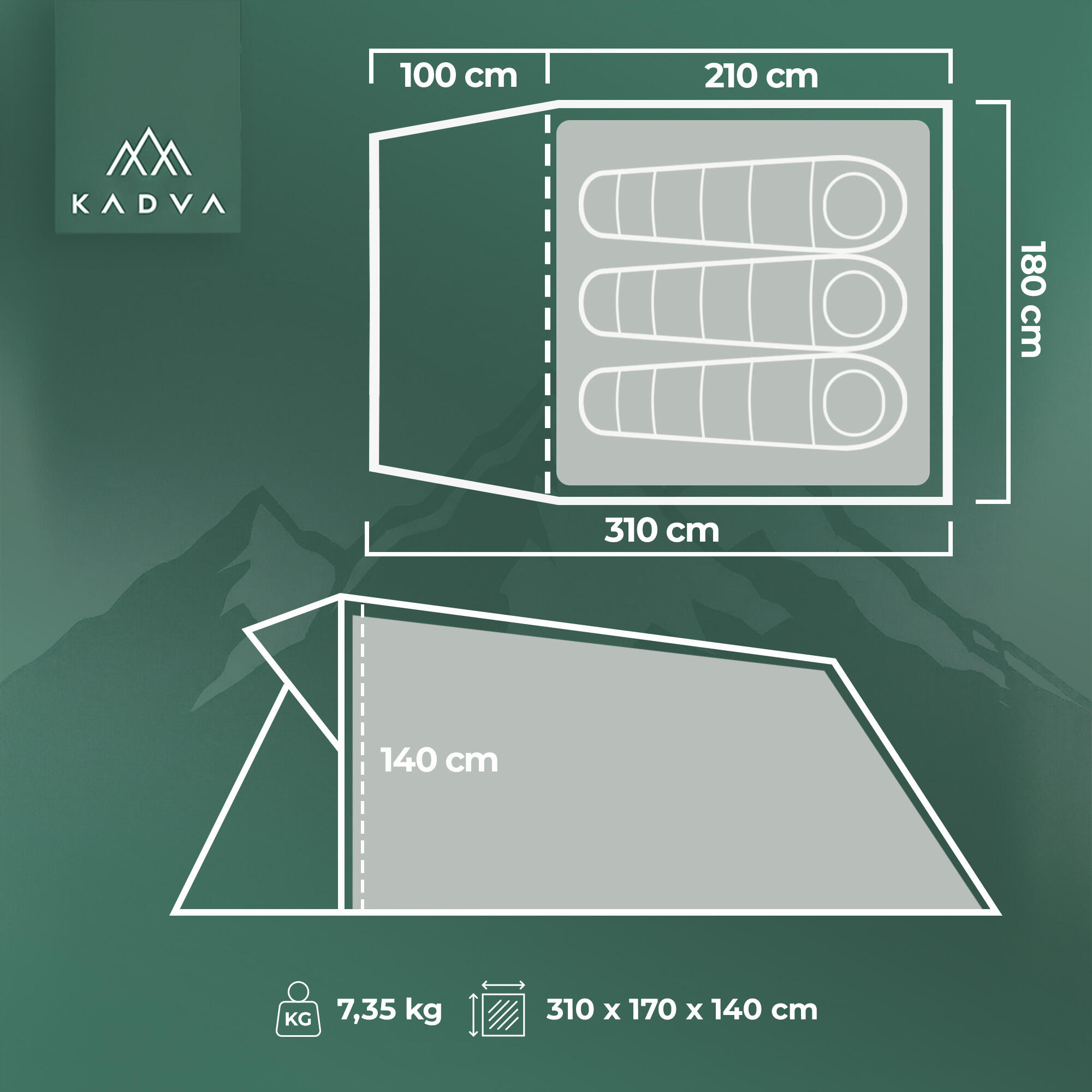 KADVA AIRcamp 3 barraca de acampamento para 3 pessoas 2/7